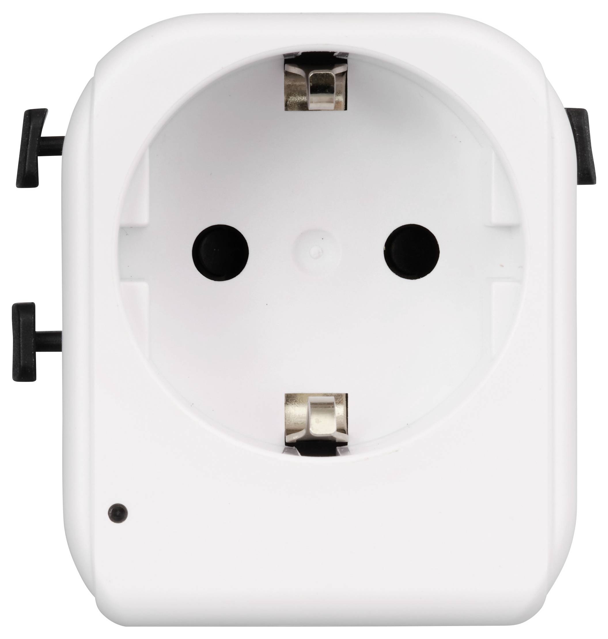 Ein weißer elektrischer Wandsteckdosenadapter mit zwei runden Steckerlöchern und Sicherheitsklappen, der zum Anschluss von Geräten an Stromquellen verwendet wird.