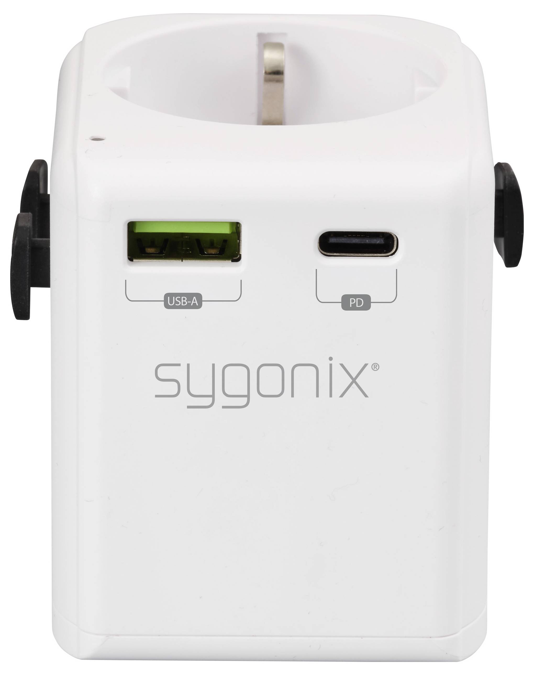 Ein weißer Sygonix Netzteil mit einem USB-A-Anschluss, einem USB-C-PD-Anschluss und einer runden Buchse oben, geeignet zum Aufladen von Geräten.