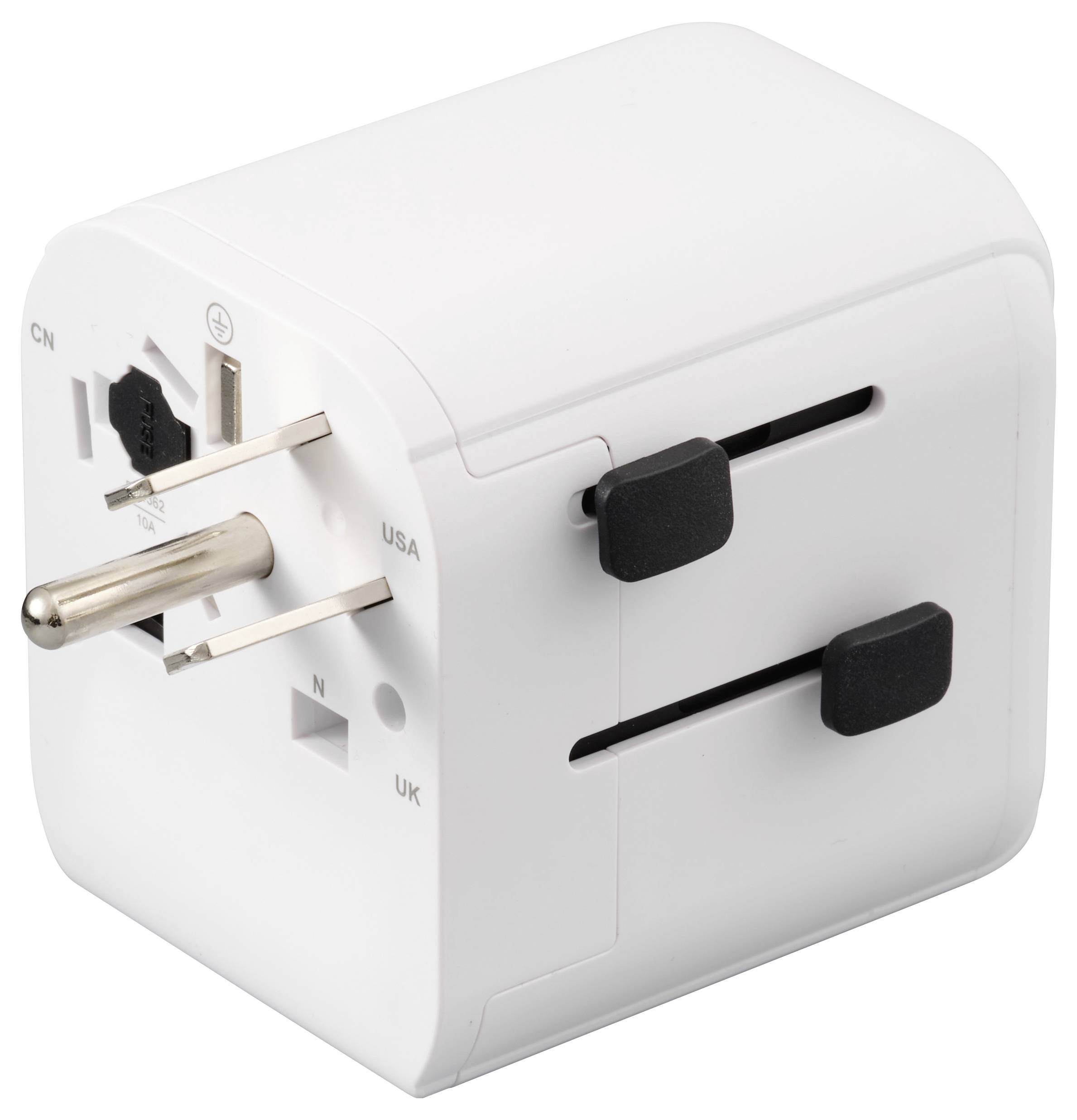 Ein weißer universeller Reiseadapter mit mehreren Steckkonfigurationen wird gezeigt. Er umfasst Optionen für US-, UK-, EU- und AU-Steckertypen.