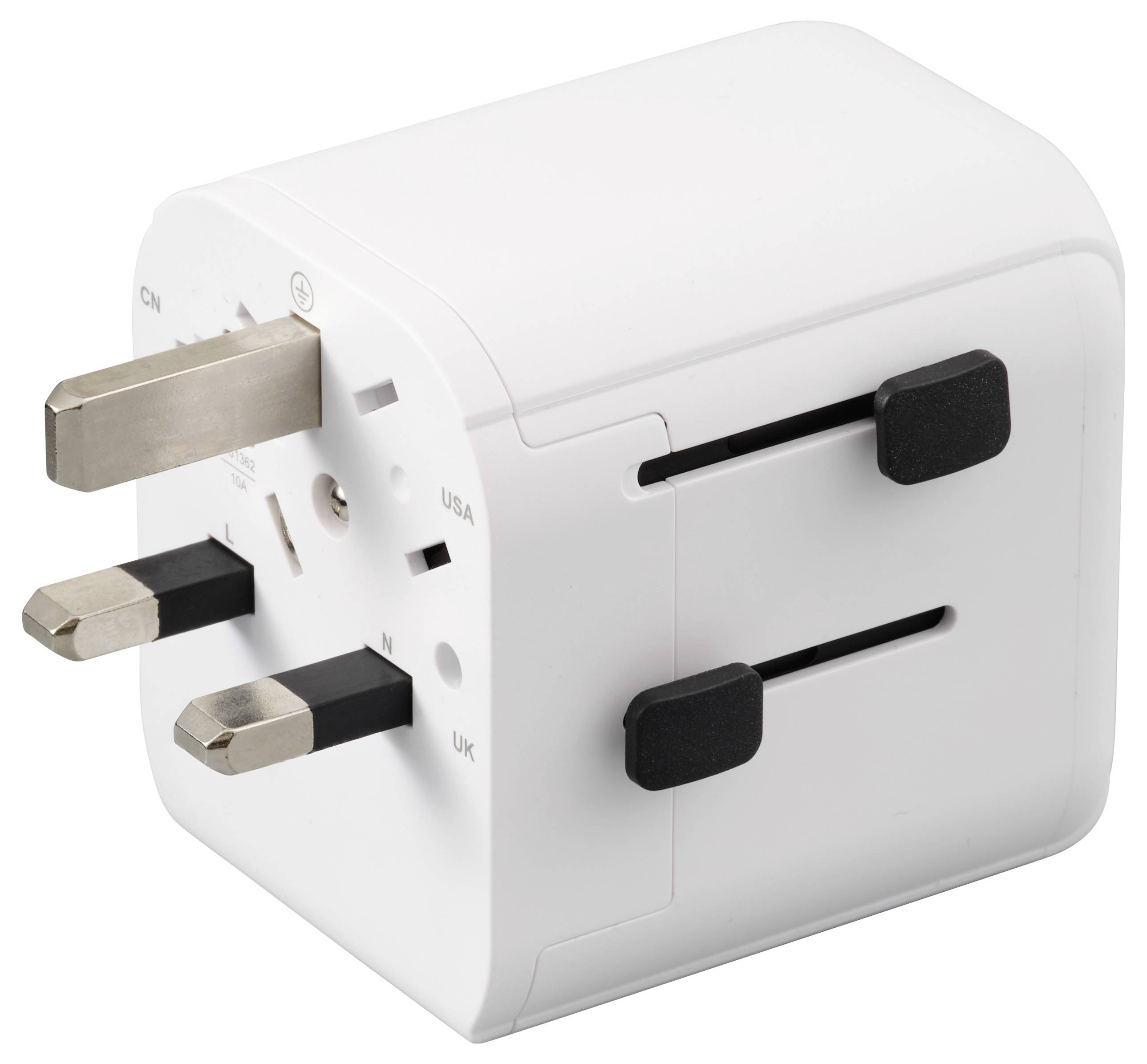 Ein weißer universeller Reiseadapter mit verschiedenen Steckdosensteckern, die mit 