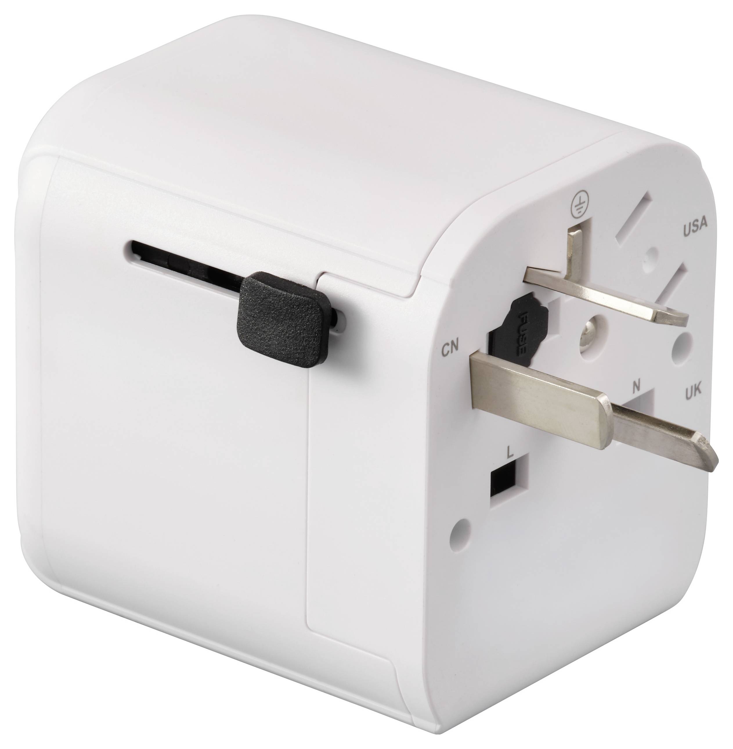 Ein weißer universeller Reiseadapter mit verstellbaren Steckdosen für verschiedene Regionen, einschließlich USA, UK und EU, aus einem Winkel gezeigt.