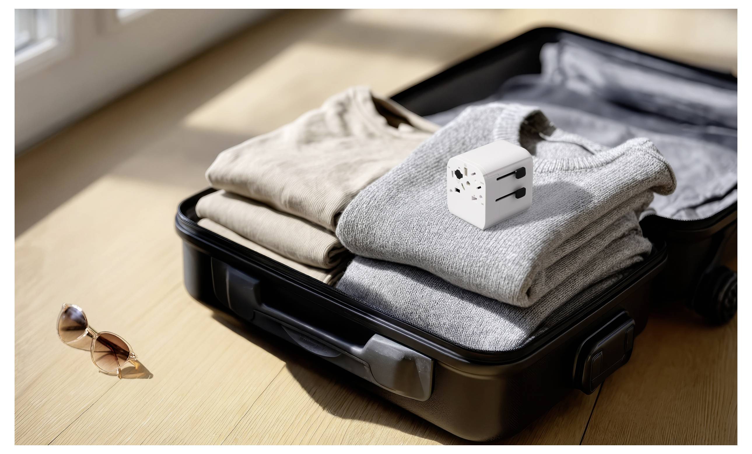 Offener Koffer mit gefalteten beige und grauen Pullovern auf einem Holzboden. Ein Reiseadapter liegt auf den Pullovern. Eine Sonnenbrille liegt in der Nähe.