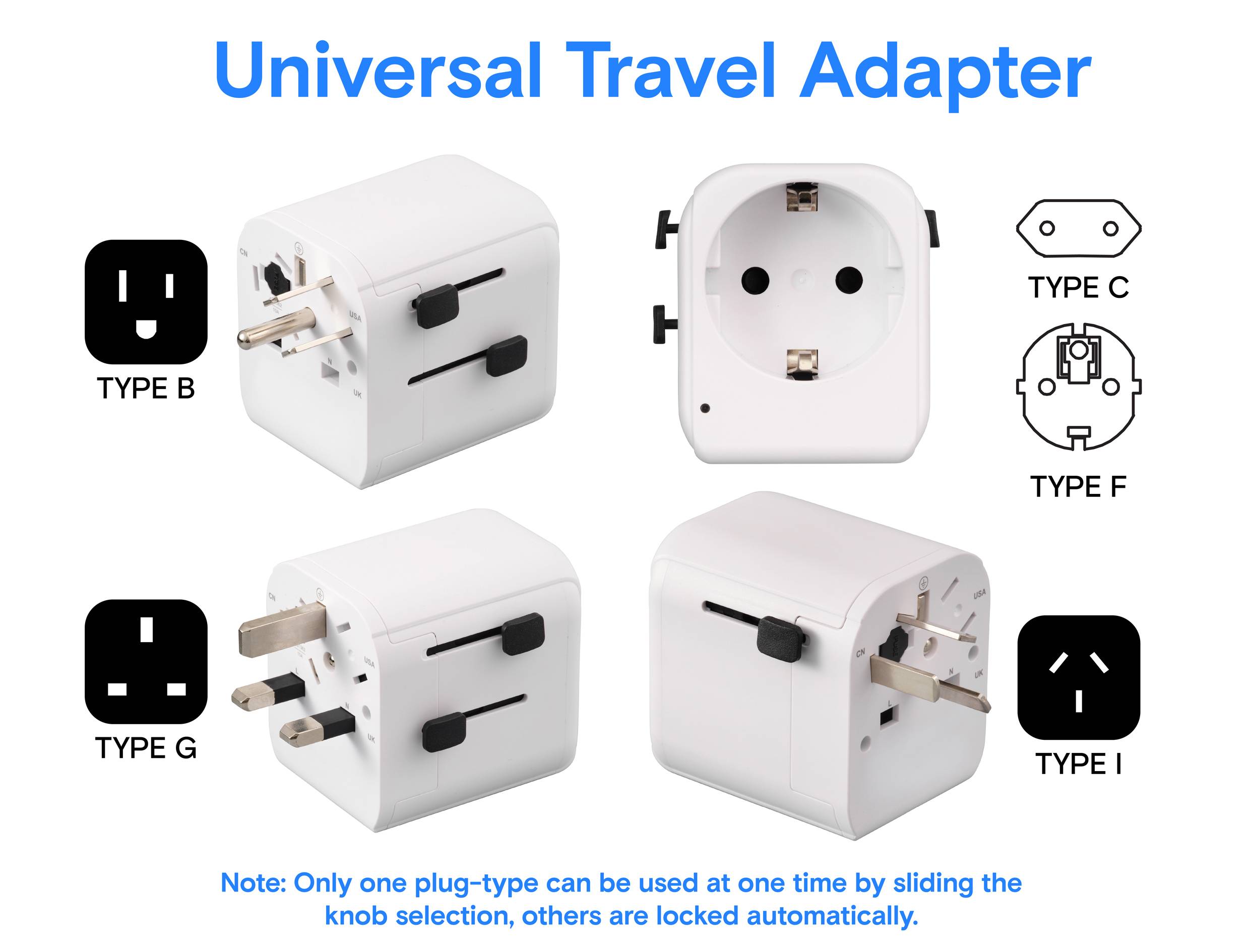 Universal Reiseadapter mit vier Steckertypen: Typ B, Typ C, Typ F und Typ G. Hinweis weist darauf hin, dass nur ein Typ gleichzeitig verwendet werden kann.