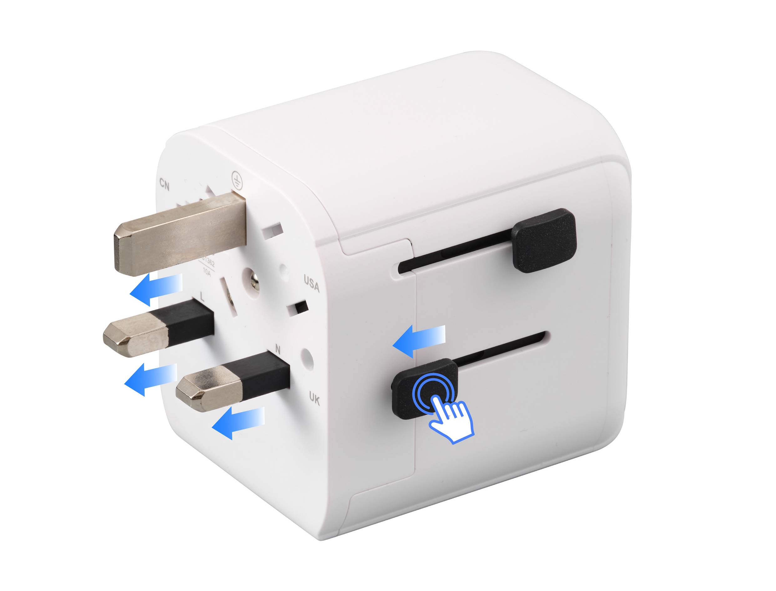Universal Reiseadapter mit ausfahrbaren Steckdosen für UK und andere Steckertypen, der einen gedrückten Knopf zum Ausfahren der Stifte zeigt.