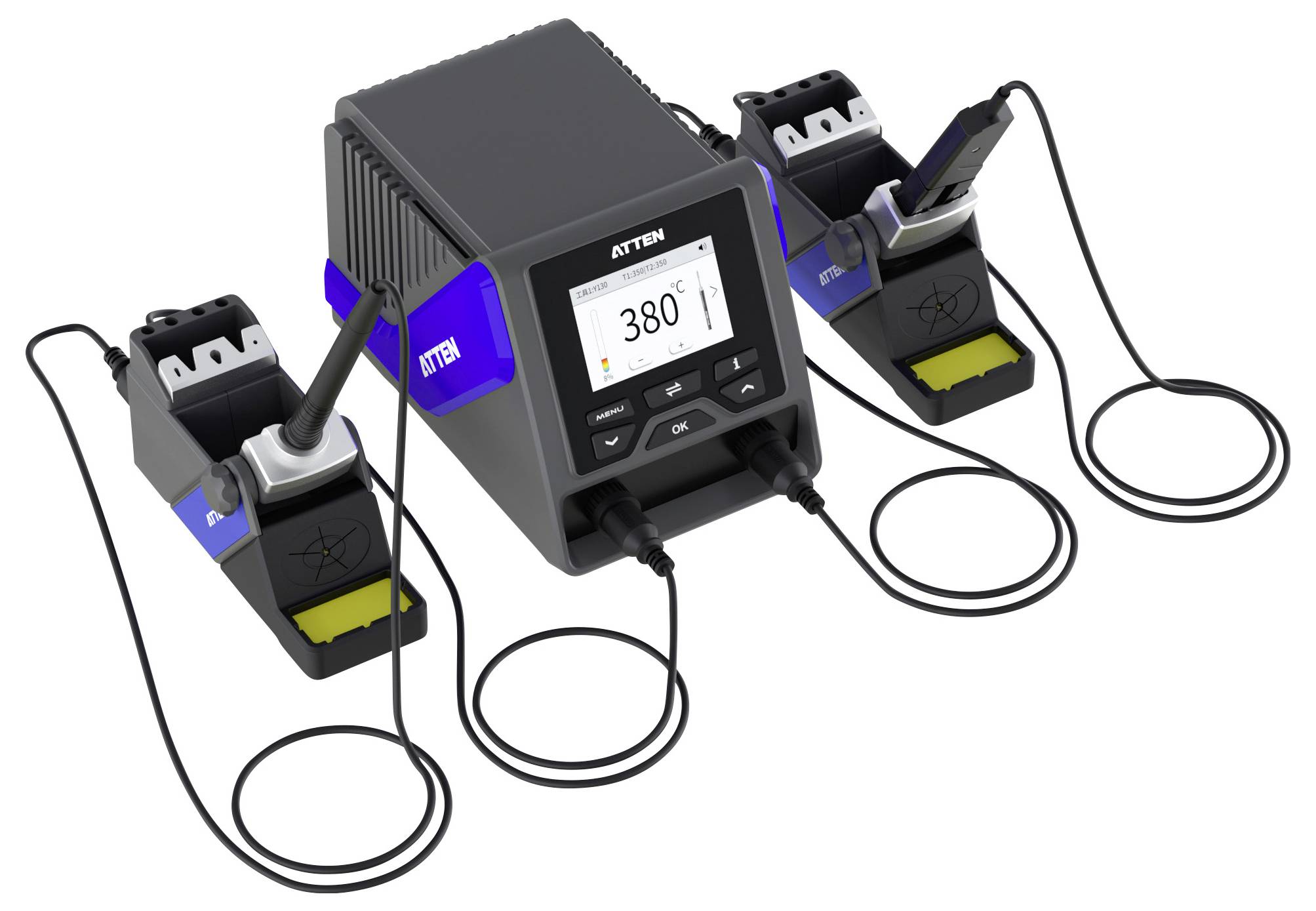 Lötstation-Set mit digitaler Temperaturanzeige, zwei Lötkolben in Halterungen und Anschlusskabeln.