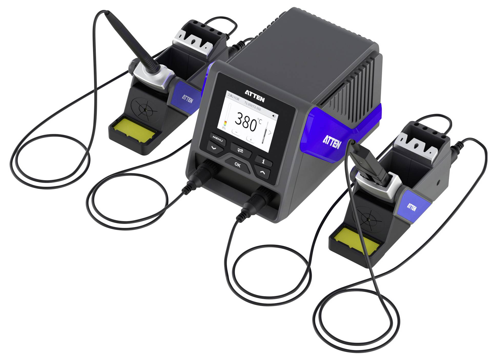 Lötstation mit digitaler Anzeige, die 380°C zeigt, zwei Lötkolben in Halterungen, die jeweils mit der Haupteinheit verbunden sind.