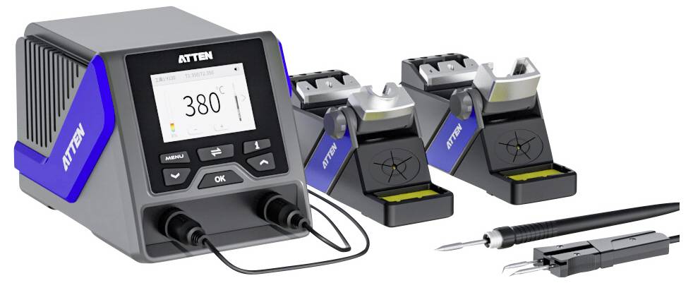 Lötstationen mit digitaler Anzeige, eingestellt auf 380°C. Inklusive doppelter Lötpinsel, zwei Halterungen und Kontrollknöpfen zur Einstellung.