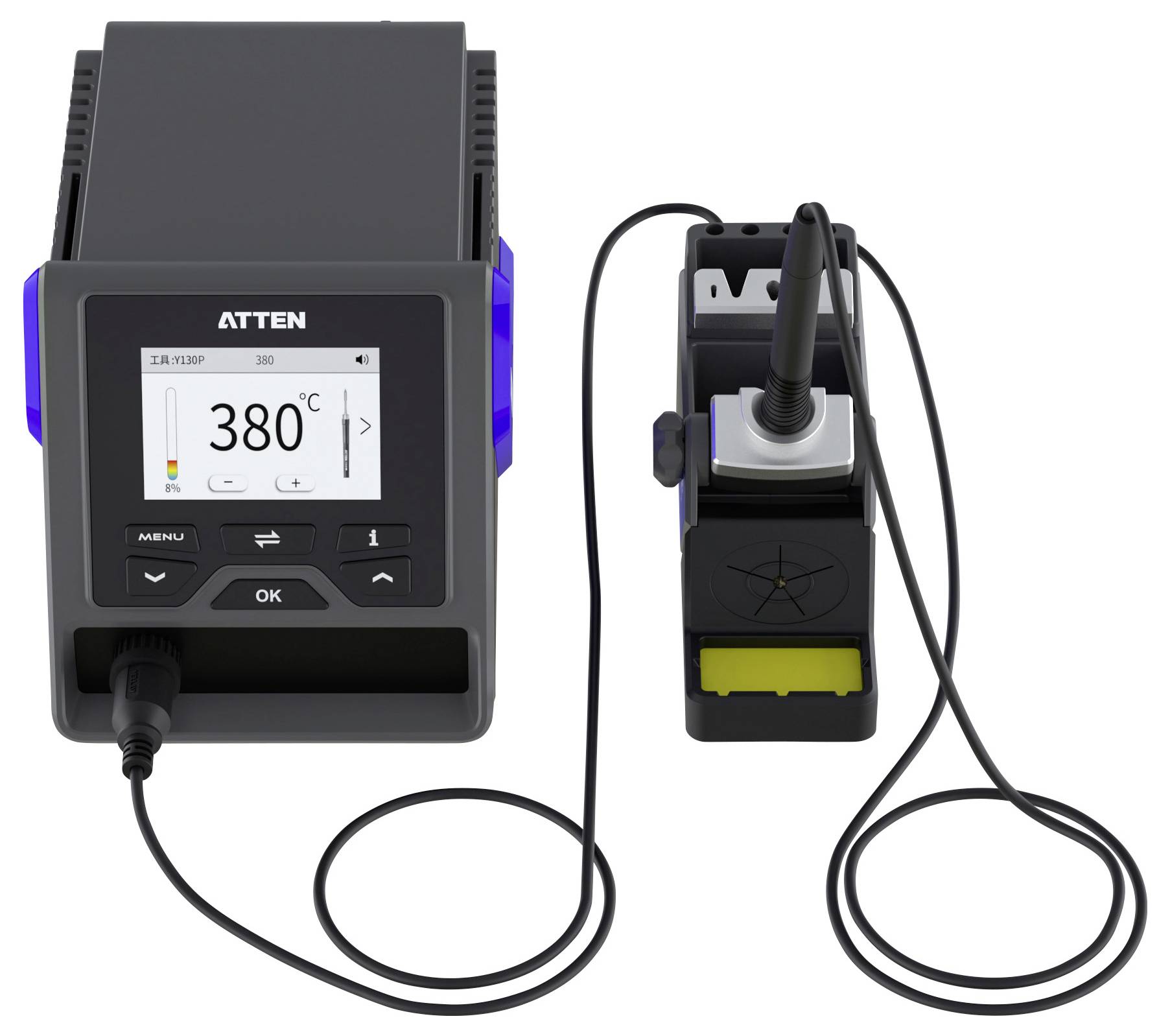 Lötstation mit digitaler Anzeige, auf 380°C eingestellt, angeschlossenes Lötkolben im Halter, Marke Atten, geeignet für Präzisionselektronik-Arbeiten.