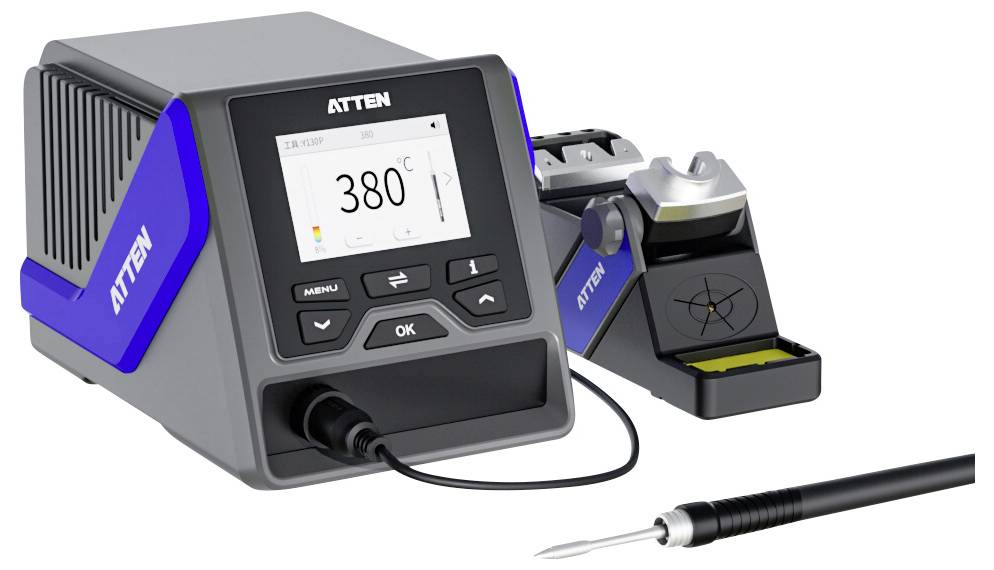 Lötstation mit digitaler Temperaturanzeige, die 380°C zeigt, begleitet von einem Lötkolben und Ständer.