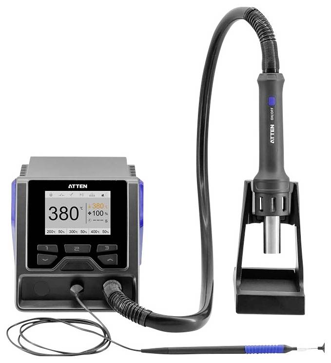 Lötstation mit digitaler Anzeige, die 380°C zeigt; inklusive Halterung und Lötkolben mit angeschlossenem Kabel.