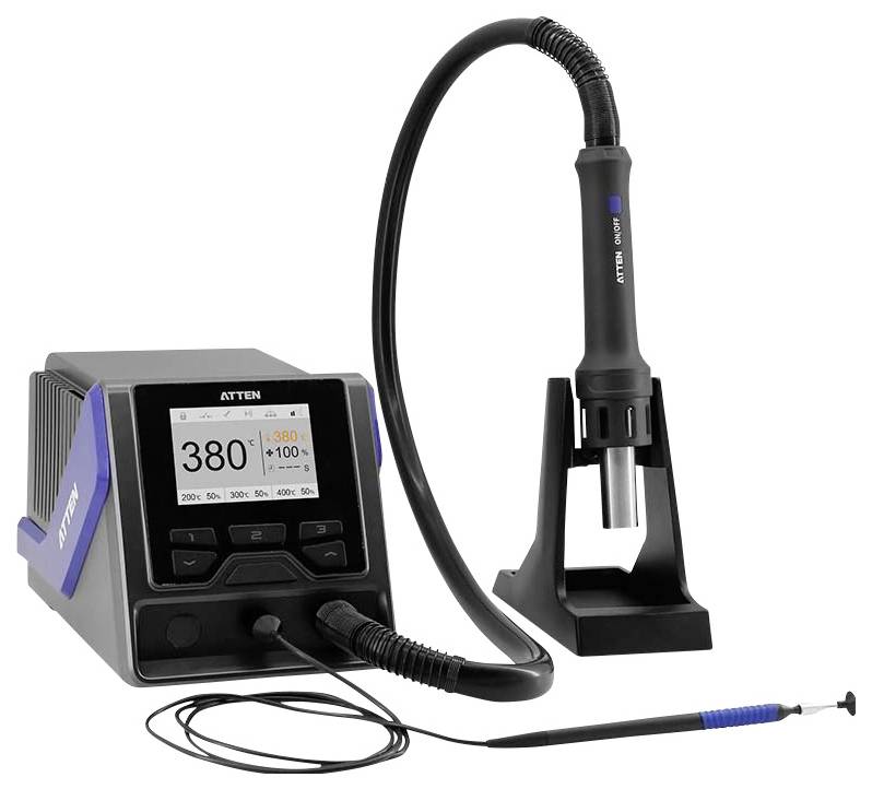 Lötstation mit einstellbarer Temperaturanzeige, angeschlossenem Lötkolben und Halterung, Spiralkabel und Präzisionsspitze.