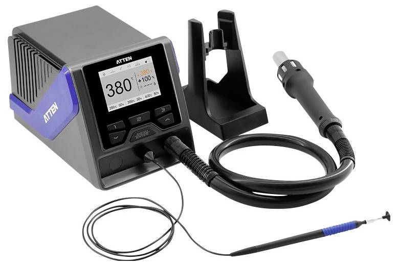 Lötstation mit einer digitalen Anzeige, die 380°C zeigt, mit einem angeschlossenen Lötkolben und Ständer.