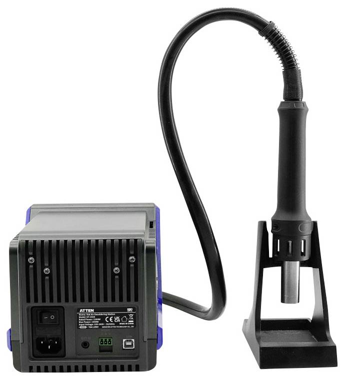 Haartrockner mit Ständer; schwarz-graues Design, mit einer aufgewickelten Schnur, die zu einer Steuerungsbox auf der linken Seite führt.