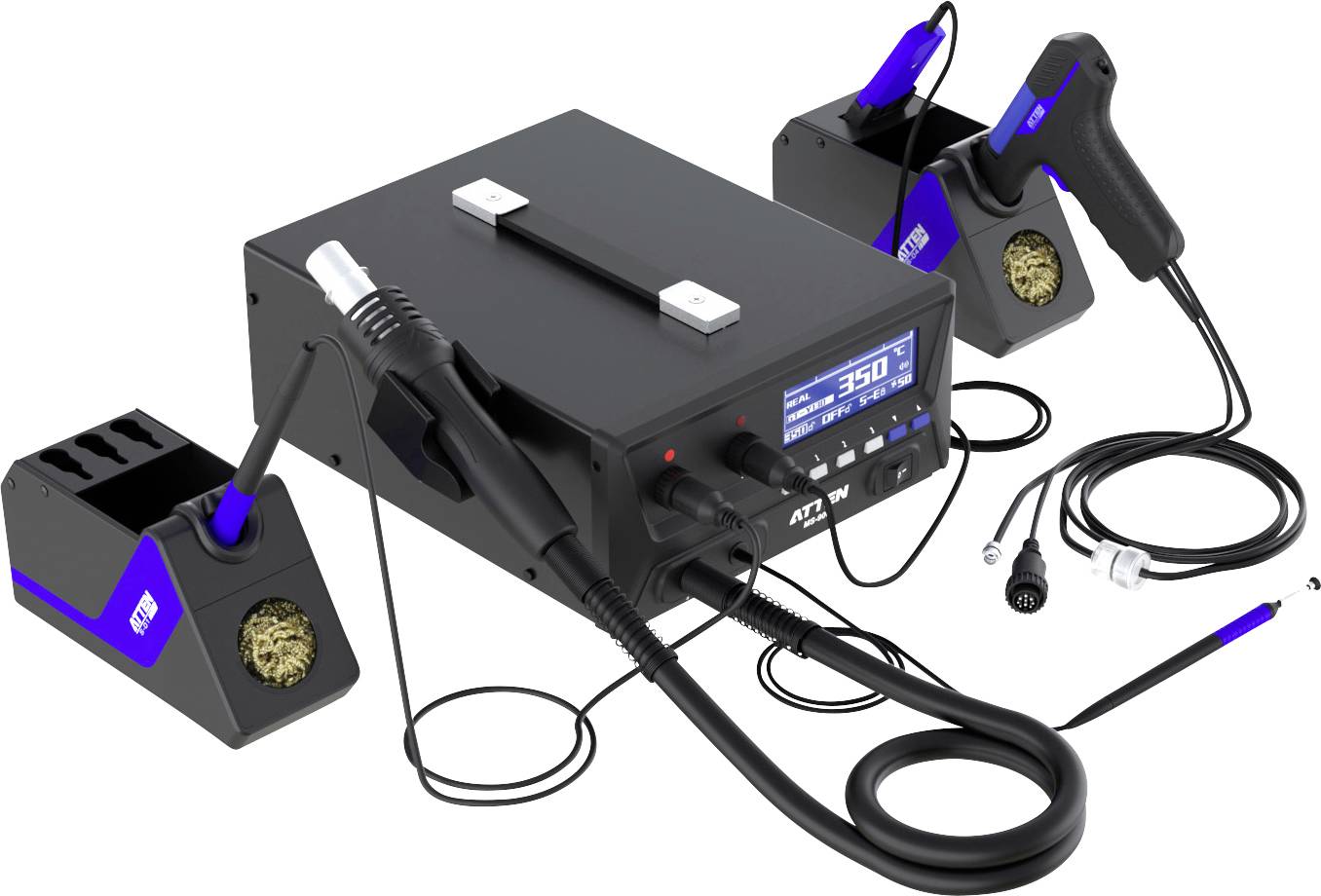 Lötstation mit einer Steuereinheit, zwei Lötkolben, Ständern und Kabeln. Das Display zeigt eine Temperatureinstellung von '350'.