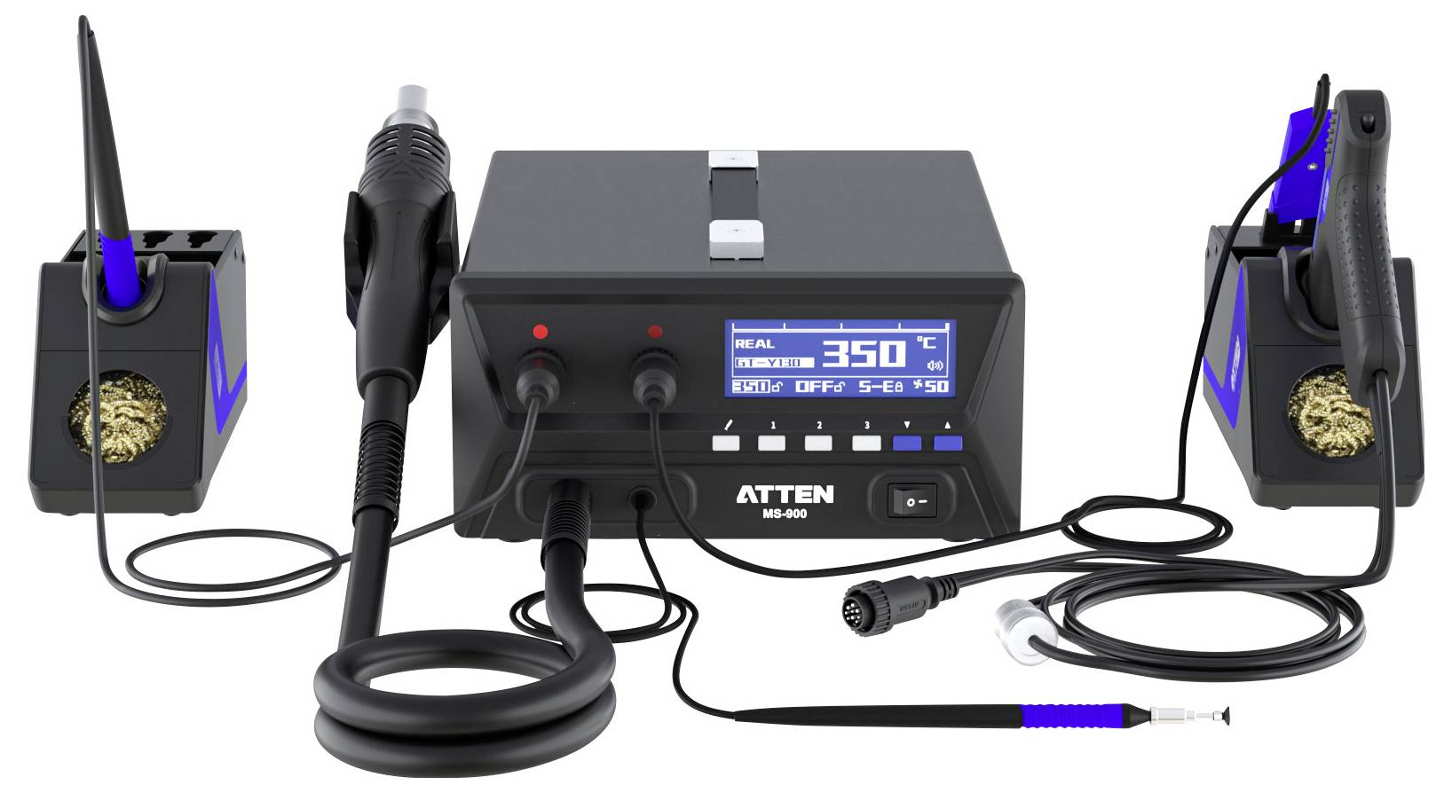 Lötstation mit digitaler Anzeige, die eine Temperatur von 350°C zeigt, inklusive Lötkolben, Heißluftpistole und Reinigungsschwämmen.