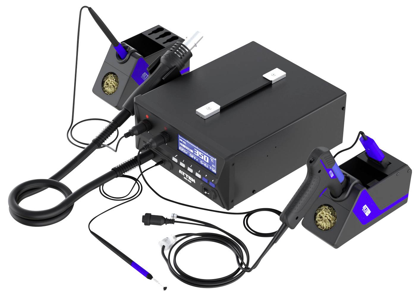 Eine Lötstation besteht aus einer Steuereinheit mit digitaler Anzeige, zwei Lötkolben und Ständern, die für Elektronikarbeiten konzipiert ist.