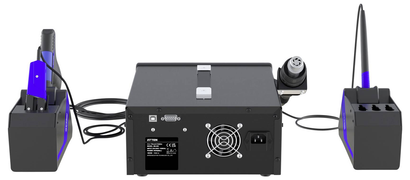 Lötausrüstungsset mit einer zentralen Einheit und zwei Lötkolben in Halterungen, die durch Kabel miteinander verbunden sind.