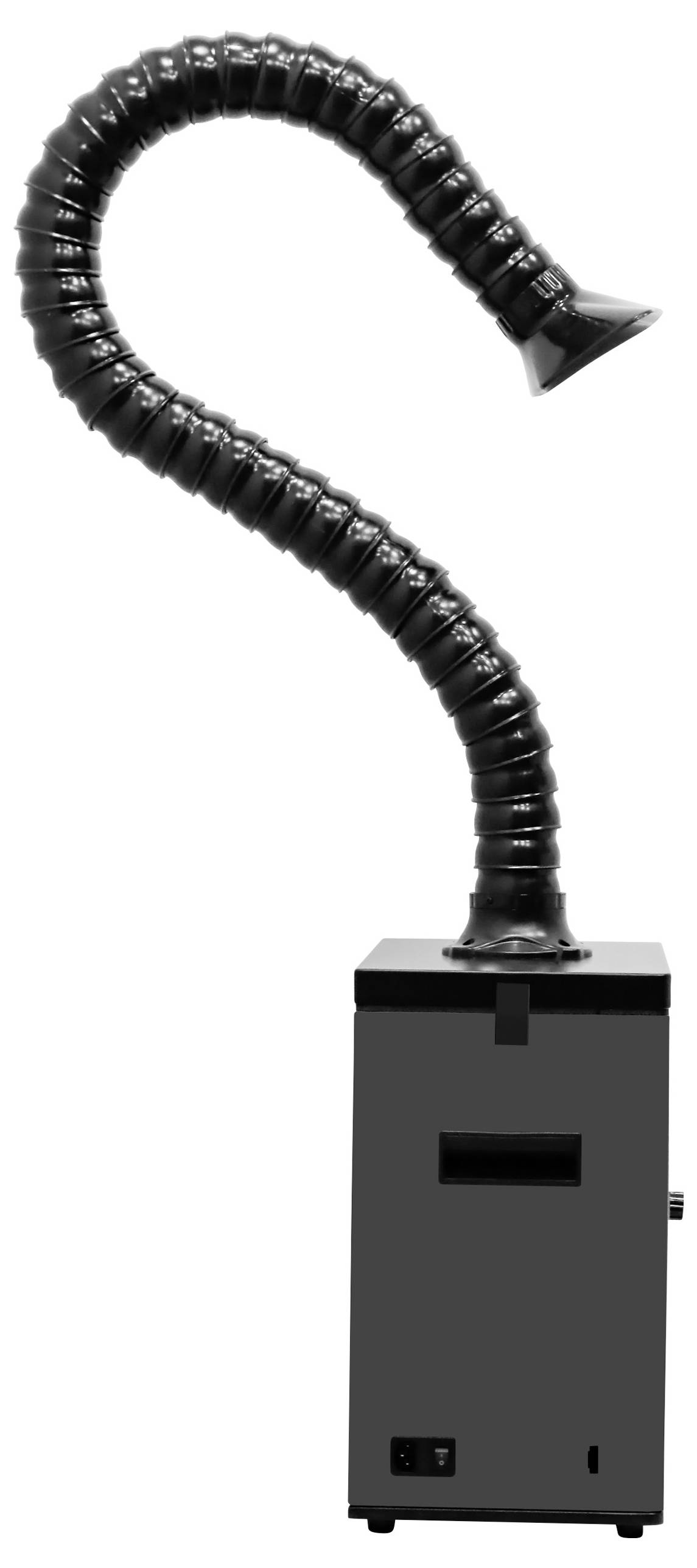 Bild eines hohen Abluftgeräts mit einem flexiblen, gebogenen Schlauch, der von seiner Spitze abgeht und für Belüftung oder Rauchentfernung konzipiert ist.