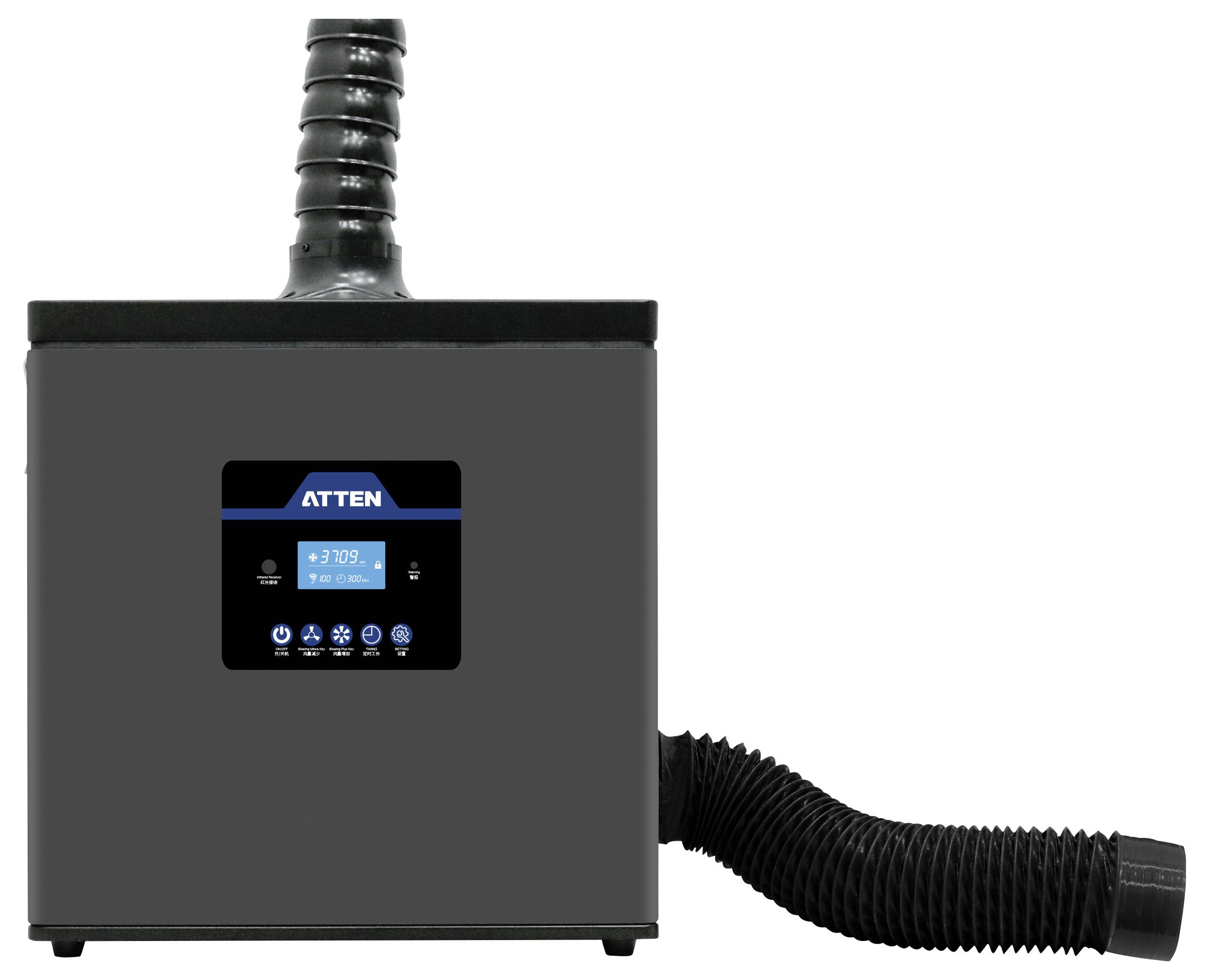 Eine schwarze ATTEN Luftfiltrationseinheit mit digitaler Anzeige und einem gebogenen Abluftschlauch ist zu sehen. Der Bildschirm zeigt eine blaue Anzeige von '217,9'.