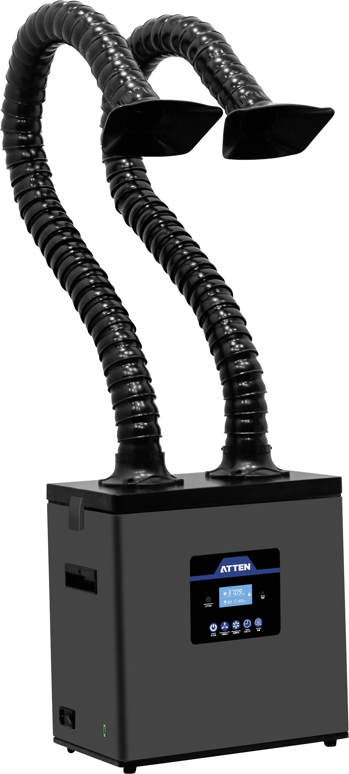 Tragbarer Rauchgasabsauger mit zwei flexiblen Abluftarmen, digitaler Steuerungstafel und schwarzer Beschichtung, verwendet zur Entfernung von luftgetragenen Schadstoffen.