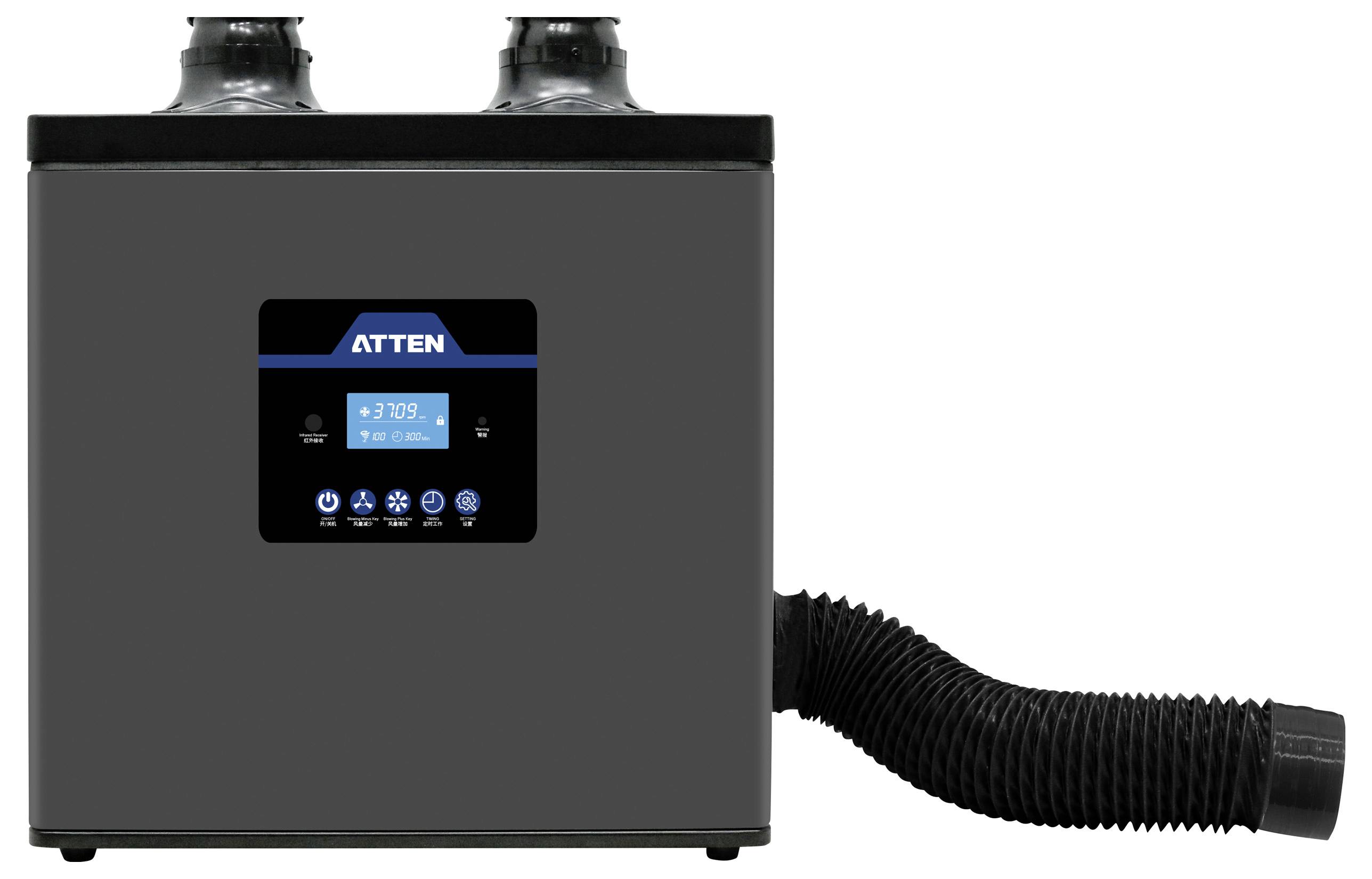 Eine kleine Industriemaschine mit einer digitalen Anzeige, die Messungen darstellt. Zwei Lüftungsöffnungen befinden sich oben, und ein flexibler Abluftschlauch erstreckt sich seitlich.