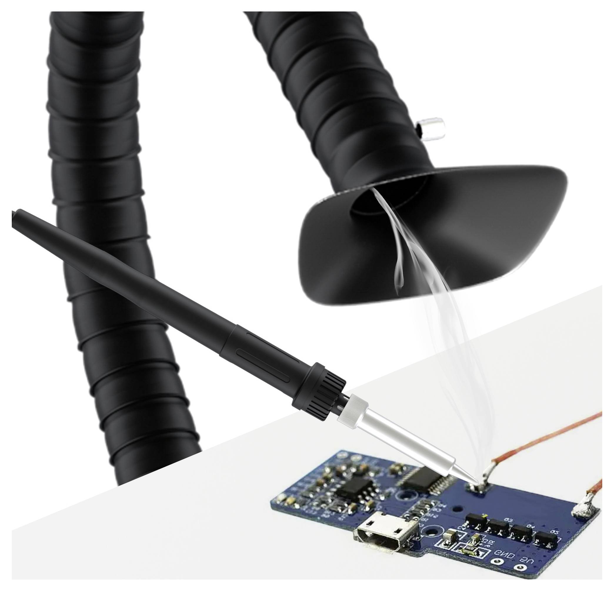 Ein Lötkolben arbeitet an einer Leiterplatte, während Rauch durch ein flexibles schwarzes Rohr abgesaugt wird, wobei die Sicherheit bei der Elektronikbestückung betont wird.