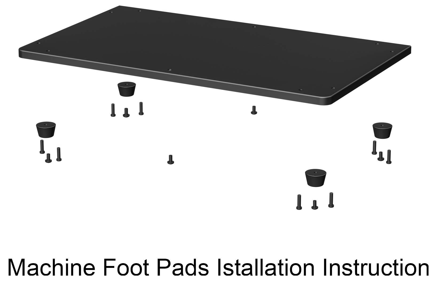 Installationsdiagramm, das eine Maschinenbasisfläche mit vier Fußpolstern und Schrauben zeigt, die darunter für die Installation angebracht sind.