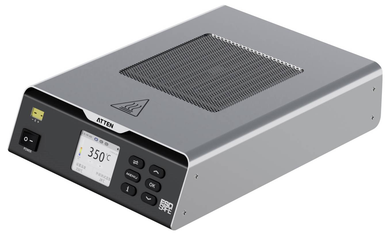 Eine digitale Lötstation, die eine Temperatur von 350°C auf dem Display anzeigt, mit Steuerungstasten und einem Netzschalter auf der Frontplatte.