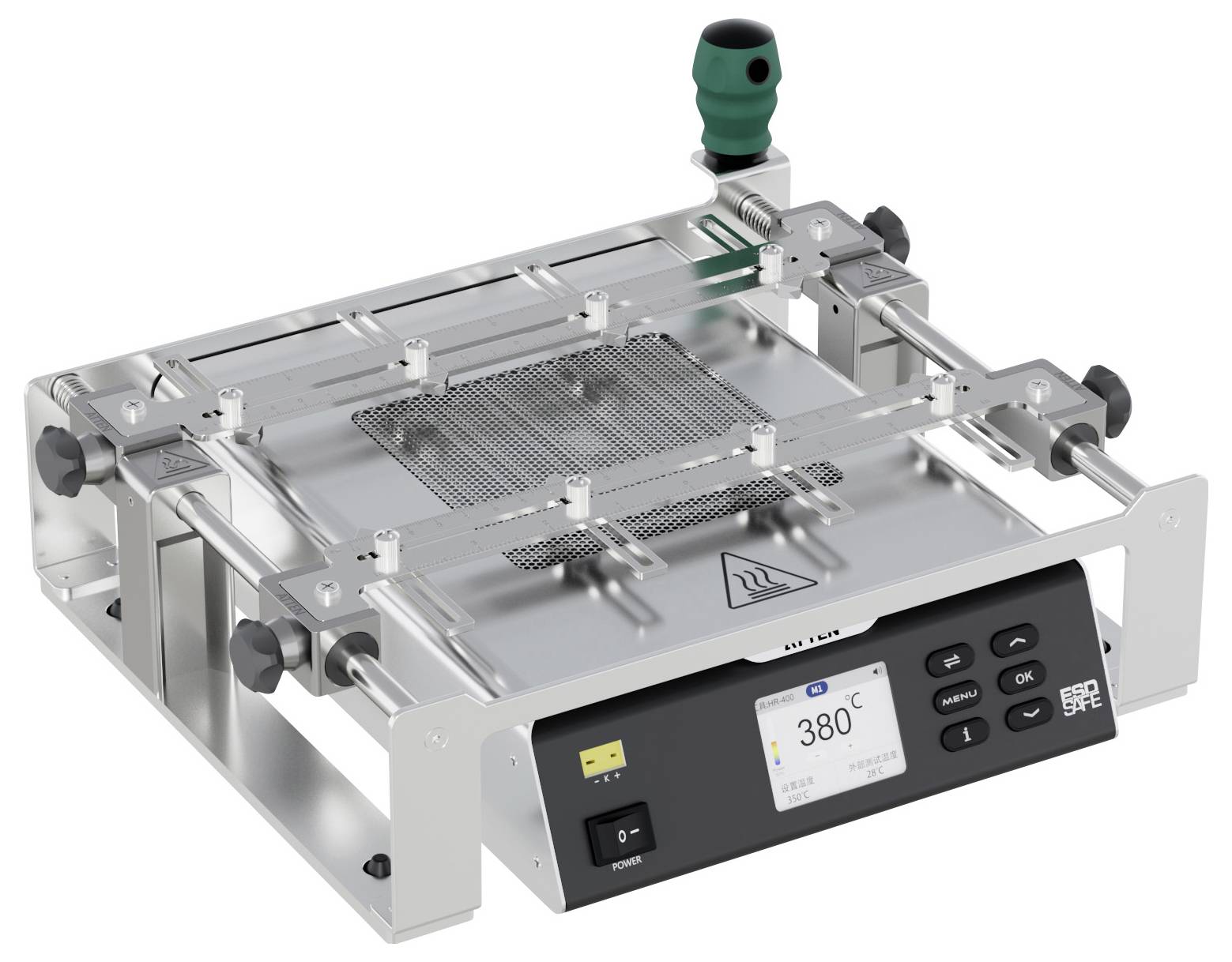 Eine Metallmaschine mit einer digitalen Anzeige, die '380°C' zeigt, Tasten und Heizelementen, die zur präzisen Temperatursteuerung in industriellen Umgebungen verwendet wird.