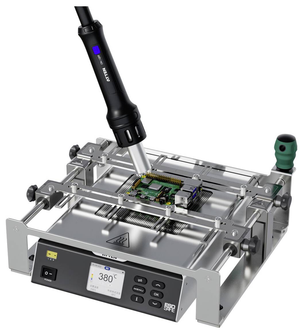 Ein Lötgerät ist über einer elektronischen Leiterplatte auf einem Metallgestell positioniert, wobei ein digitales Display '380°C' anzeigt.