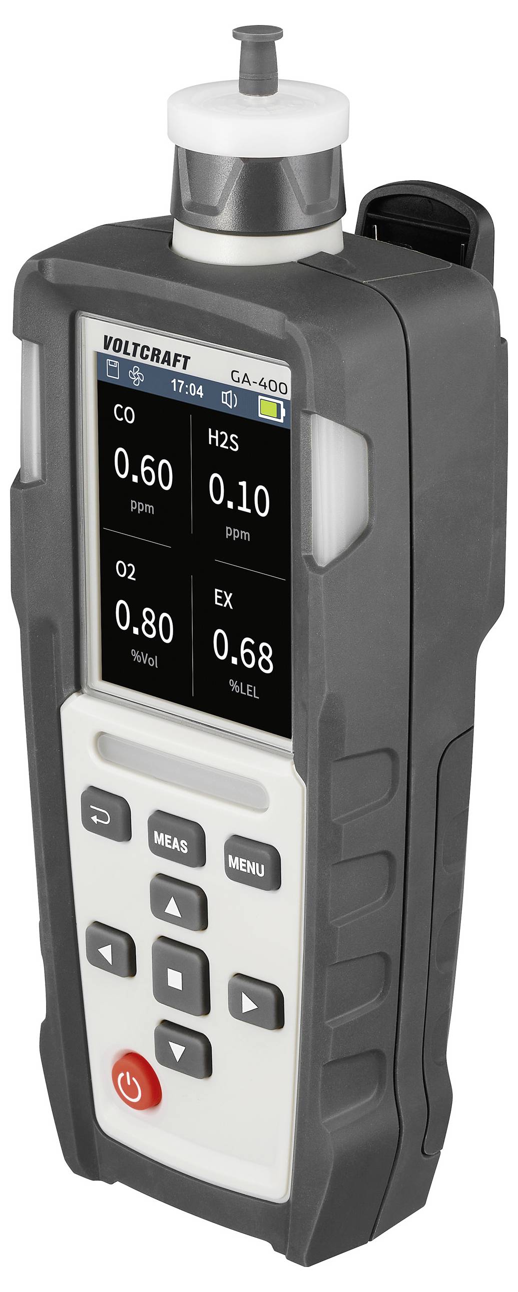 Voltcraft Gasdetektor mit Bildschirm, der CO-, H2S-, O2- und EX-Werte anzeigt.