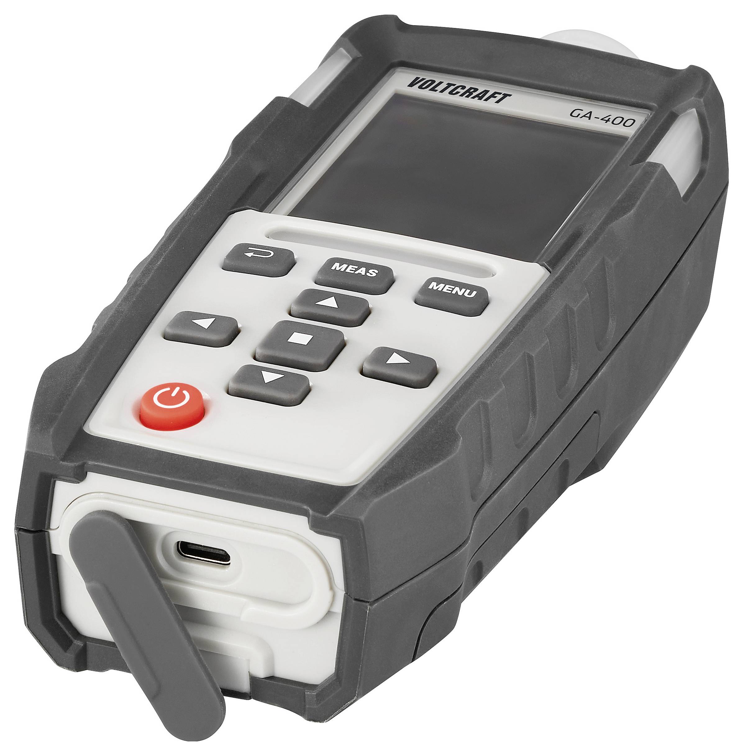 Ein tragbares digitales Messinstrument mit einem Display-Bildschirm, Tasten mit der Beschriftung „MEAS