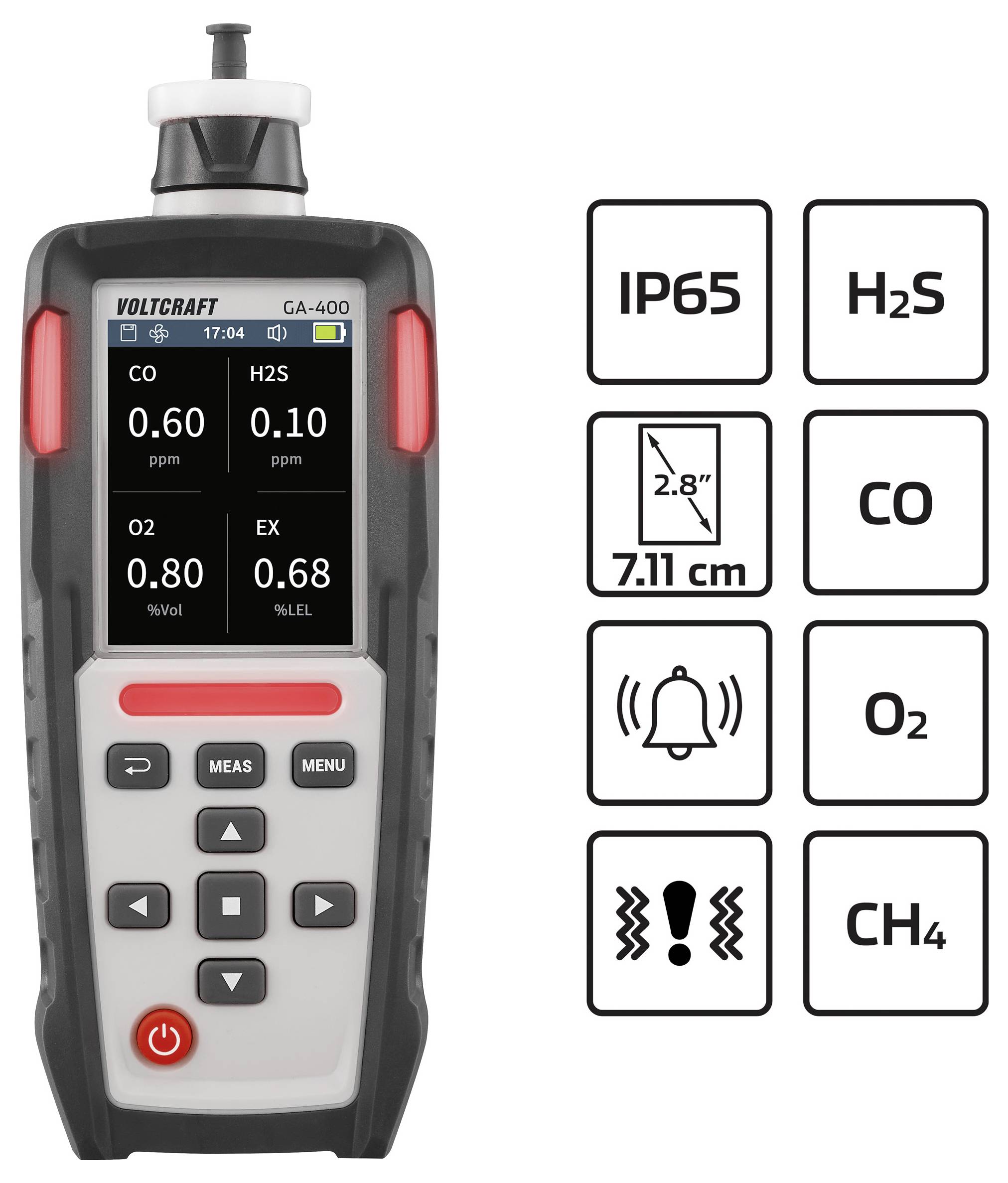 Gasdetektor-Gerät mit Display, das Gaswerte anzeigt: CO bei 0,60 ppm, H2S bei 0,60 ppm, O2 bei 20,8%, EX bei 0,68%. Kennzeichnungen für IP65, H2S, CO, O2, CH4, 7,1 cm Display, Alarmsymbole.
