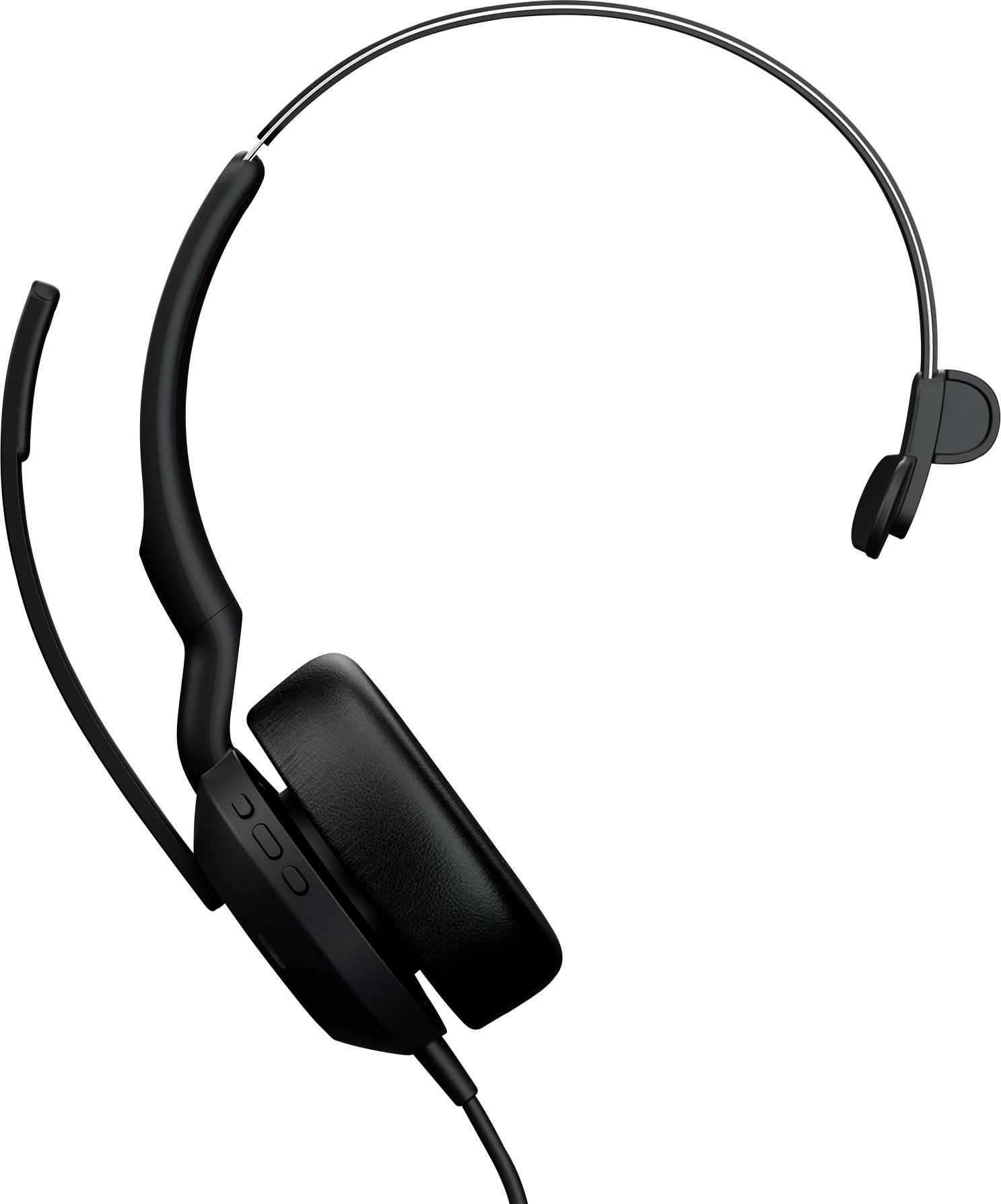 Ein schwarzes, einseitiges Headset mit Mikrofon und verstellbarem Kopfbügel, von der Seite betrachtet.