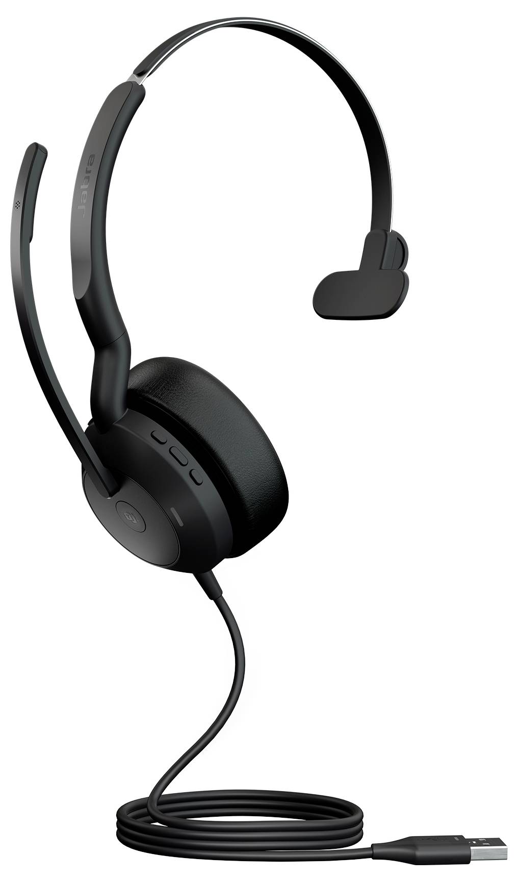Ein schwarzes USB-Headset mit einseitigem Design, verstellbarem Mikrofon und gepolsterter Ohrmuschel, das in stehender Position mit aufgewickeltem Kabel präsentiert wird.