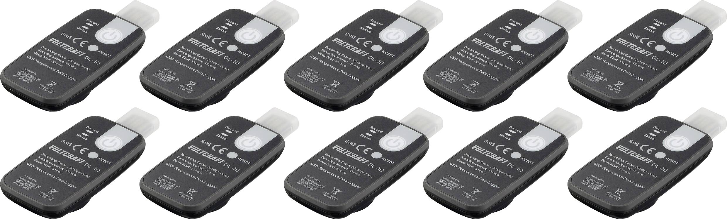 10 schwarze Wechselstromadapter mit weißen Stiften, in zwei Reihen angeordnet, auf jedem sind technische Spezifikationen und Sicherheitssymbole zu sehen.