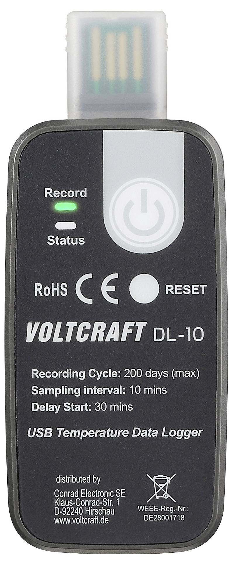 VOLTCRAFT DL-10 USB-Temperatur-Datenlogger' mit Aufzeichnungs- und Statusanzeigen. Max. 200-Tage-Zyklus, 10-Minuten-Abtastung, 30-Minuten-Startverzögerung.