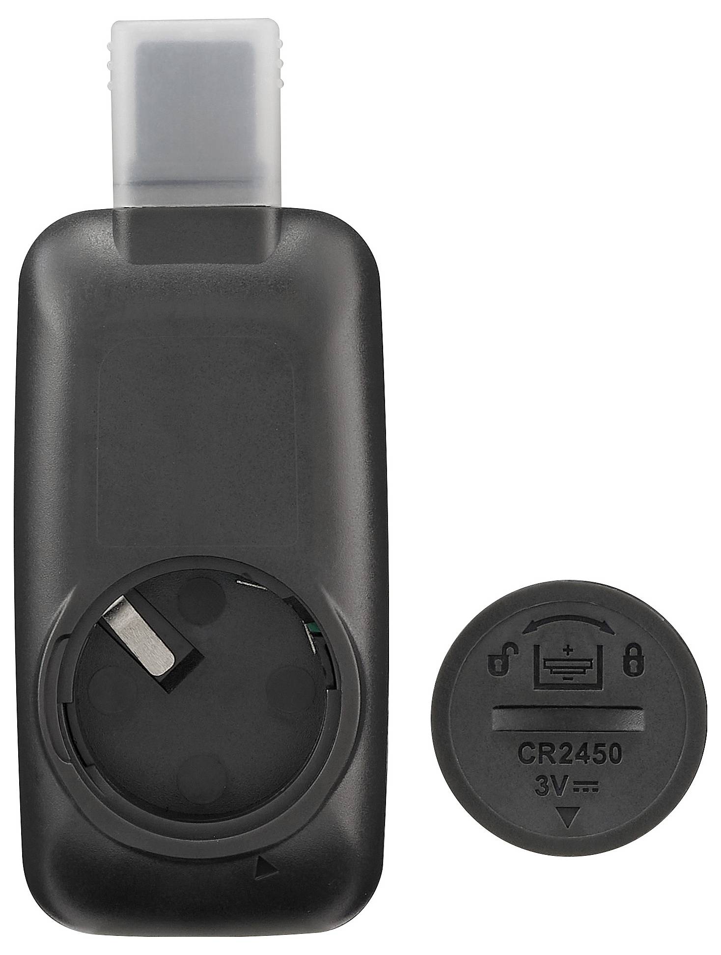 Ein rechteckiges schwarzes Gerät mit einem offenen Batteriefach neben einer runden Knopfzellenbatterie mit der Bezeichnung „CR2450 3V