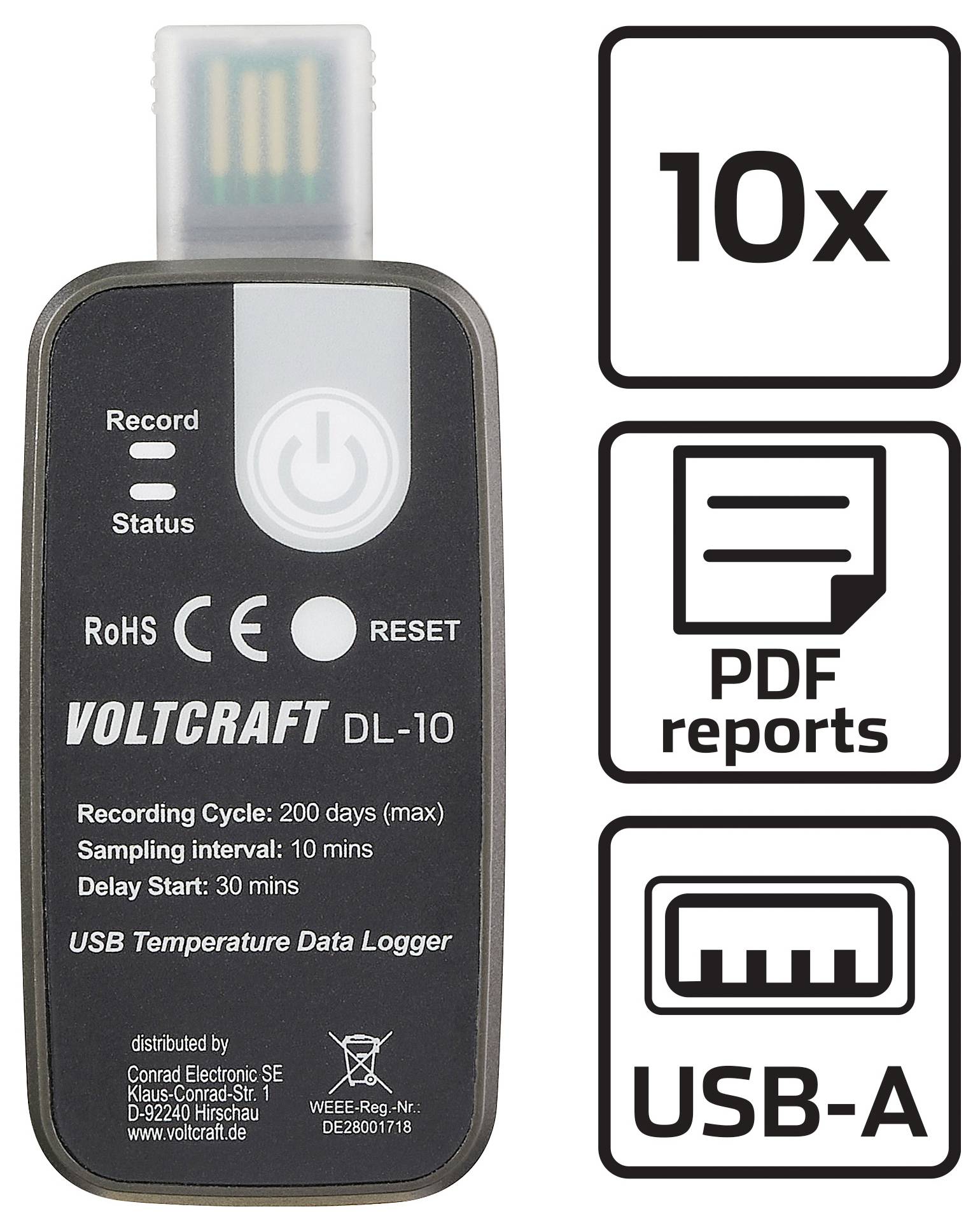 Voltcraft DL-10 USB-Temperatur-Datenlogger mit LED-Anzeigen für Aufzeichnung und Status, 200-Tage-Maximalzyklus, 10 PDF-Berichte.