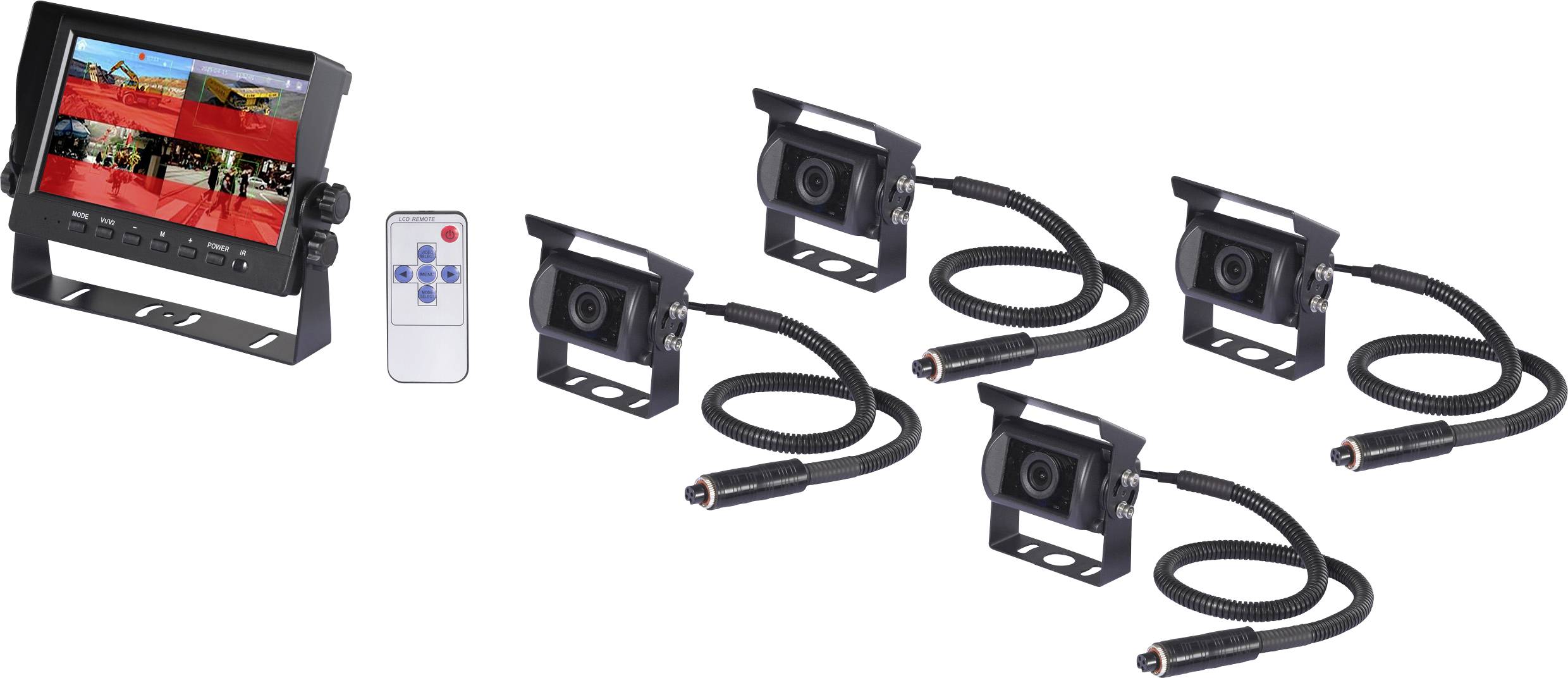 Ein Sicherheitssystem mit einem Monitor, der mehrere Kameraaufnahmen zeigt, vier verdrahteten Kameras und einer Fernbedienung.