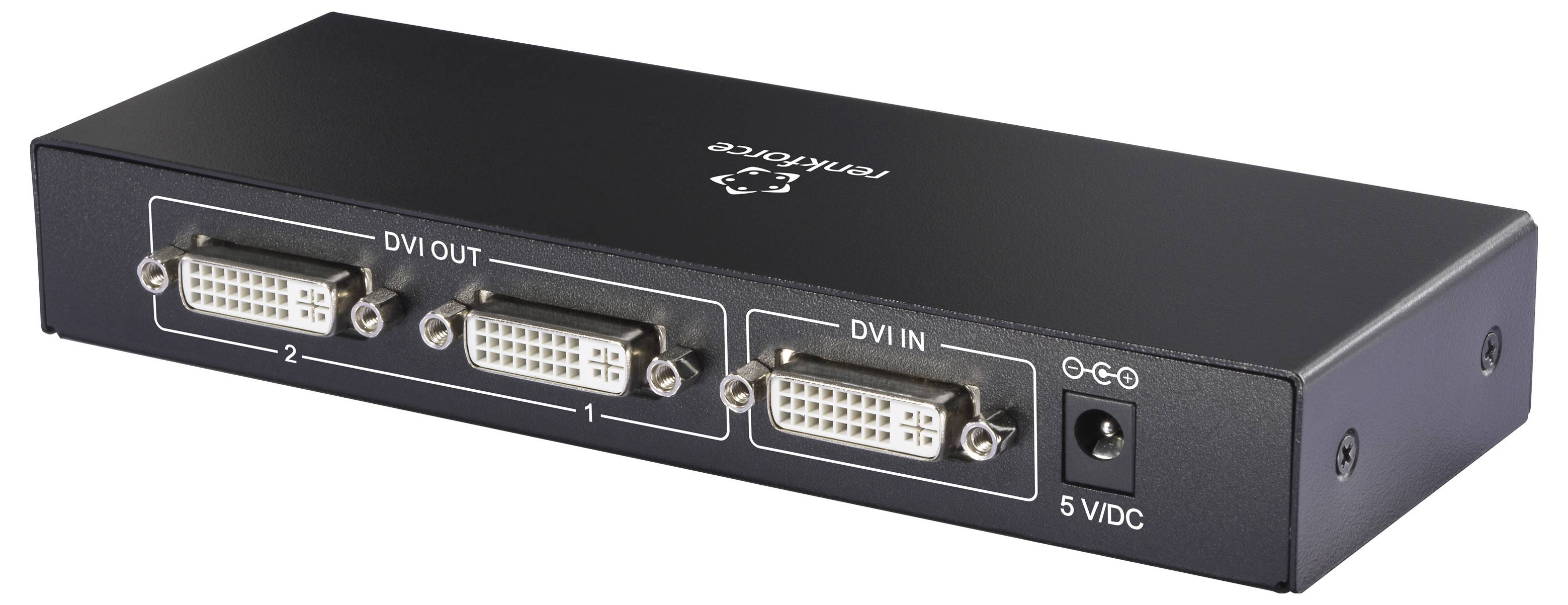 'Schwarzes Gerät mit zwei DVI-Anschlüssen mit der Bezeichnung 'DVI OUT' und 'DVI IN' sowie einem Stromeinganz mit der Bezeichnung '5VDC''.