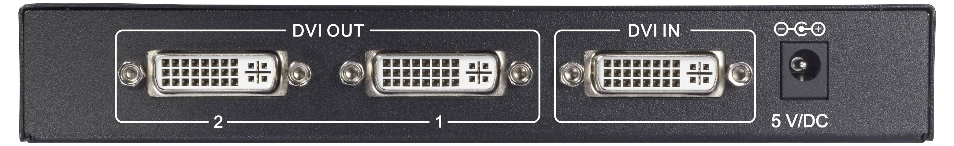 Rückseite eines Geräts mit DVI-Ausgang, DVI-Eingang und 5V-Stromversorgungseingängen, jeweils gekennzeichnet. Zwei DVI-Anschlüsse sind mit 1 und 2 nummeriert.