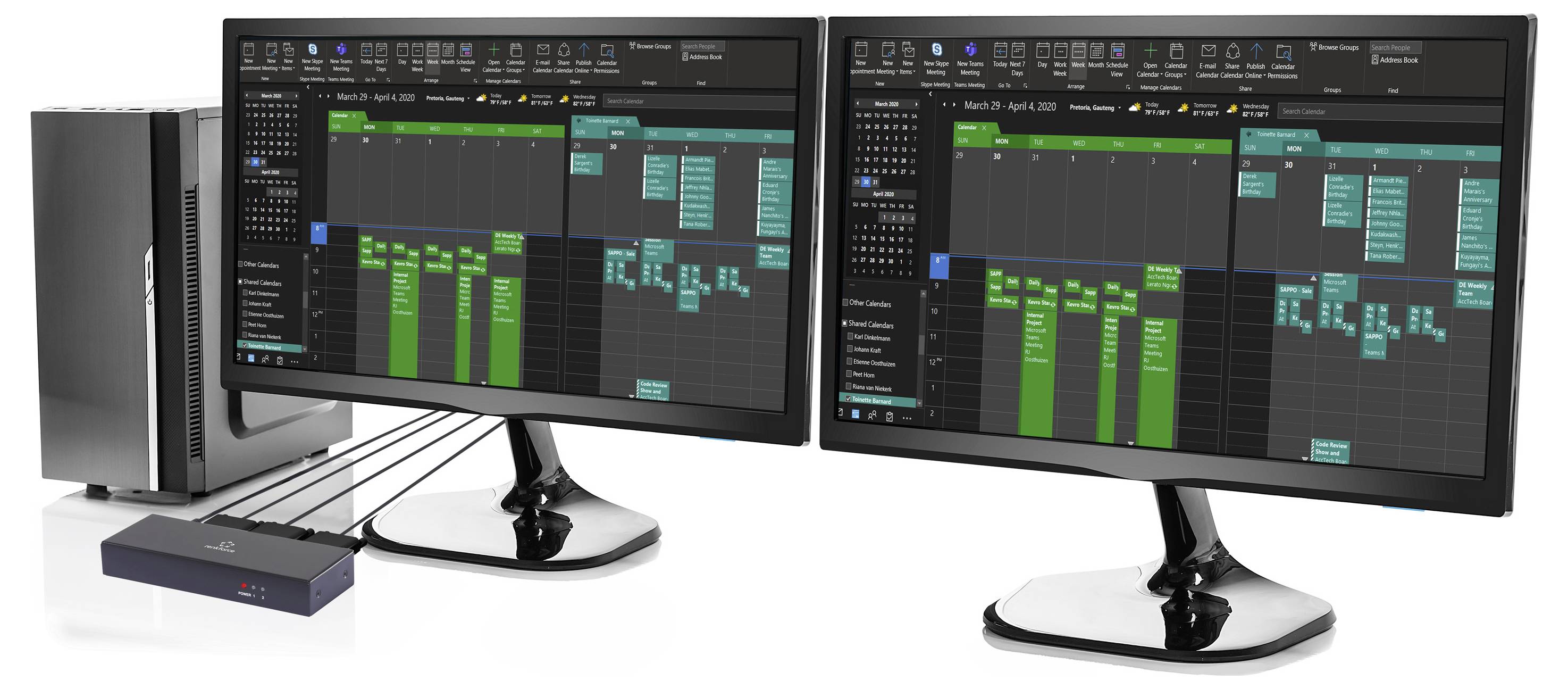 Zwei Computermonitore zeigen Digital-Audio-Workstation-Software mit mehreren Spuren in Grün an, die mit einem schwarzen Desktop-Computer verbunden sind.