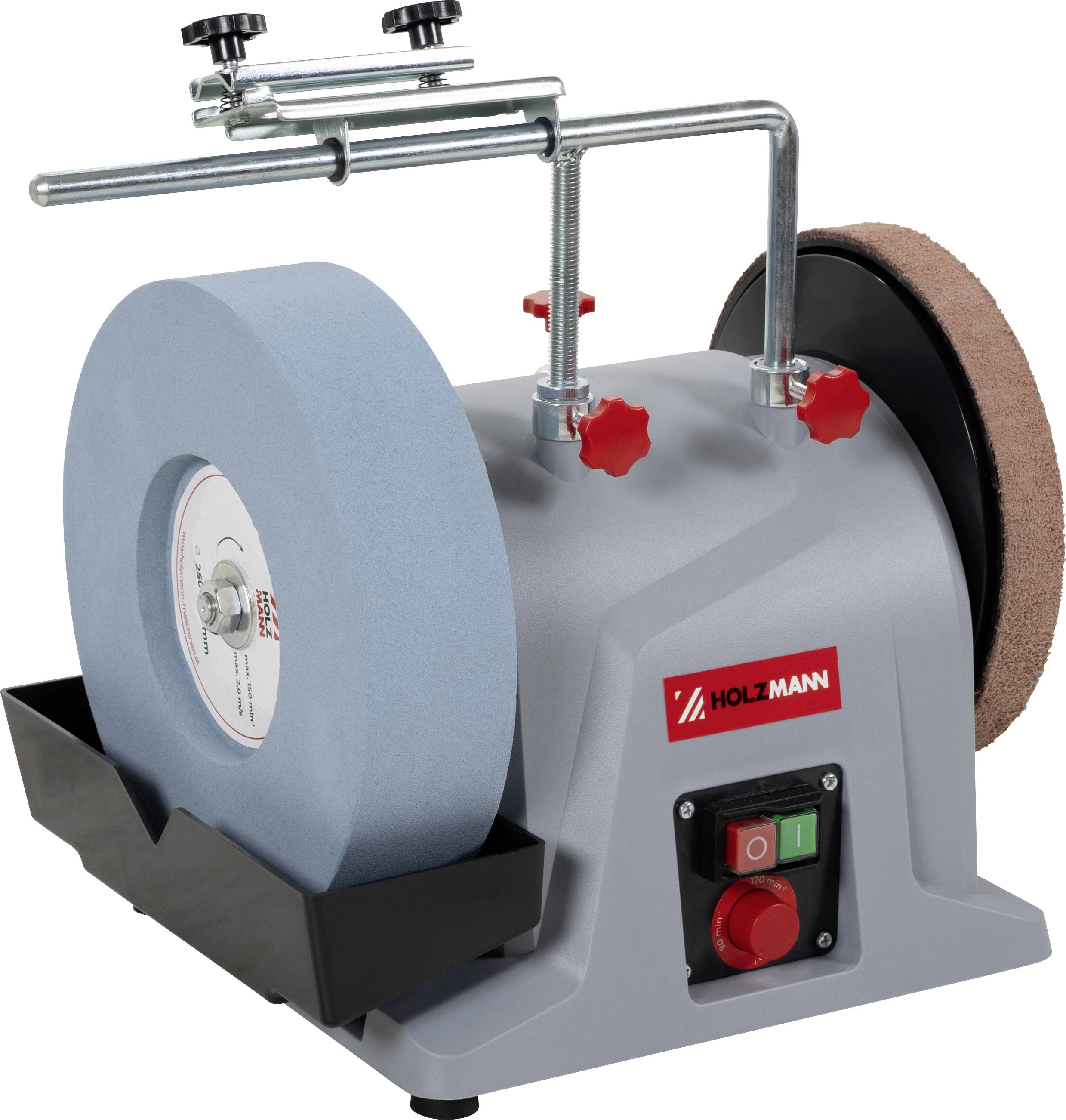 Eine Schleifmaschine mit Doppelrädern: ein blauer Schleifstein und ein braunes Lederhonierrad. Das 'Holzmann' Logo ist auf der Vorderseite sichtbar.