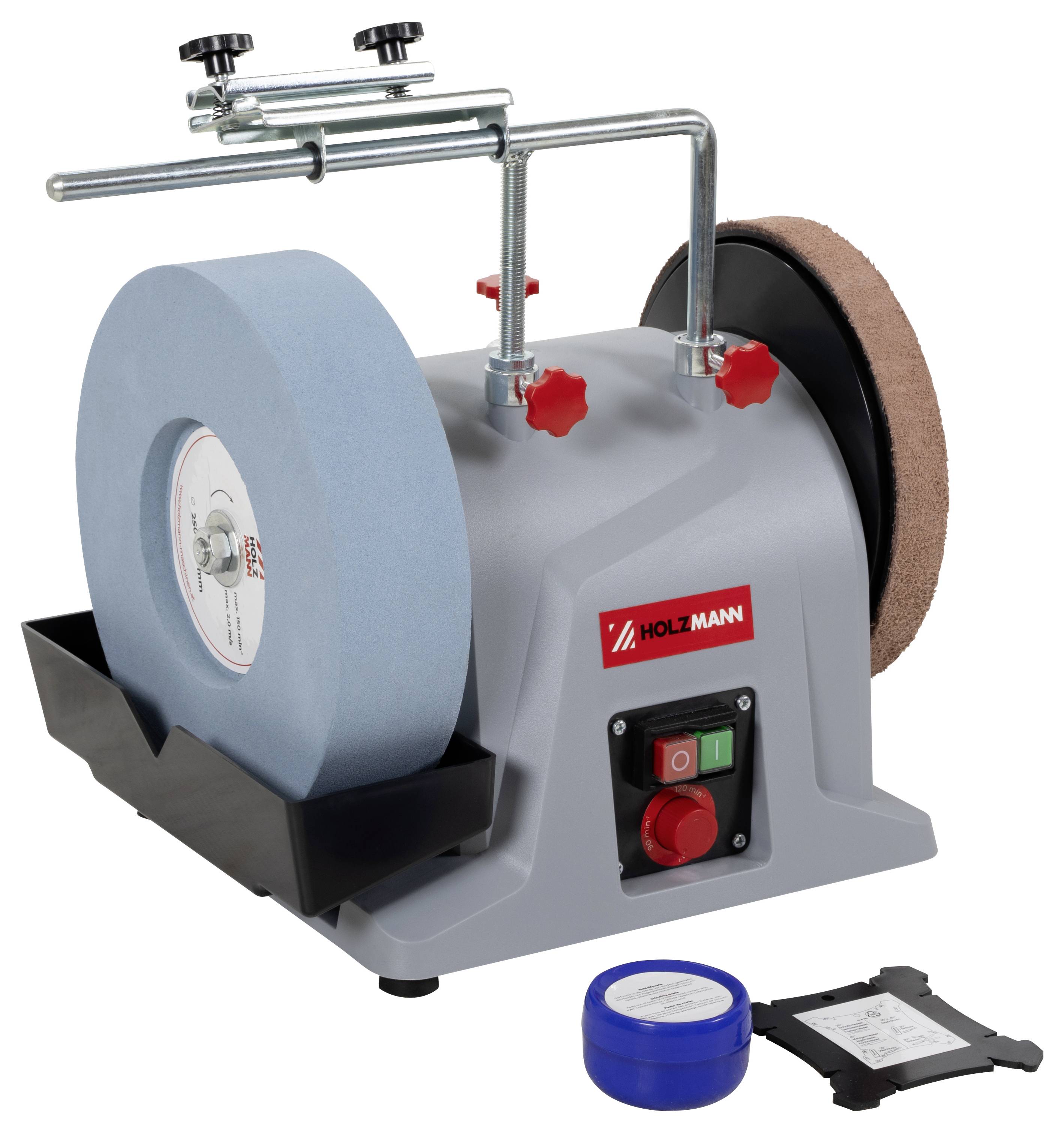 Eine professionelle wassergekühlte Schleifmaschine mit einer blauen Schleifscheibe, einem Lederhonierrad und Schaltern zur präzisen Werkzeugschärfung.