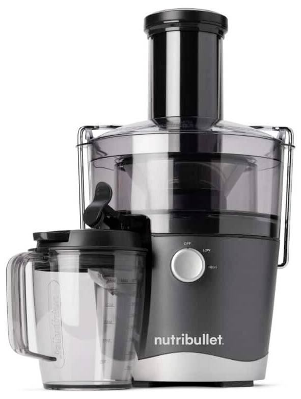Nutribullet-Entsafter mit abnehmbarem Behälter; verfügt über einen einzelnen Drehregler für Leistungseinstellungen.