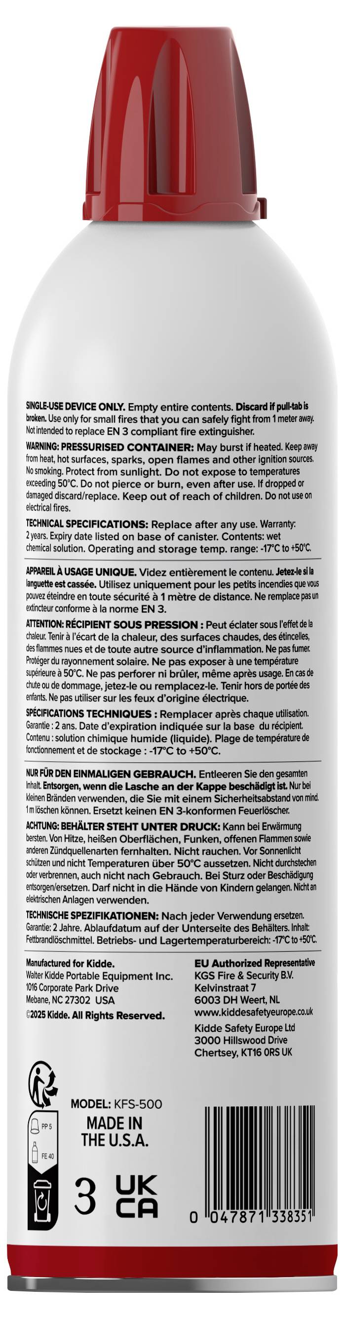 Aerosoldose mit rotem Deckel, die detaillierte Produktinformationen, Gebrauchsanweisungen und Herstellerangaben in schwarzer Schrift auf weißem Hintergrund zeigt.