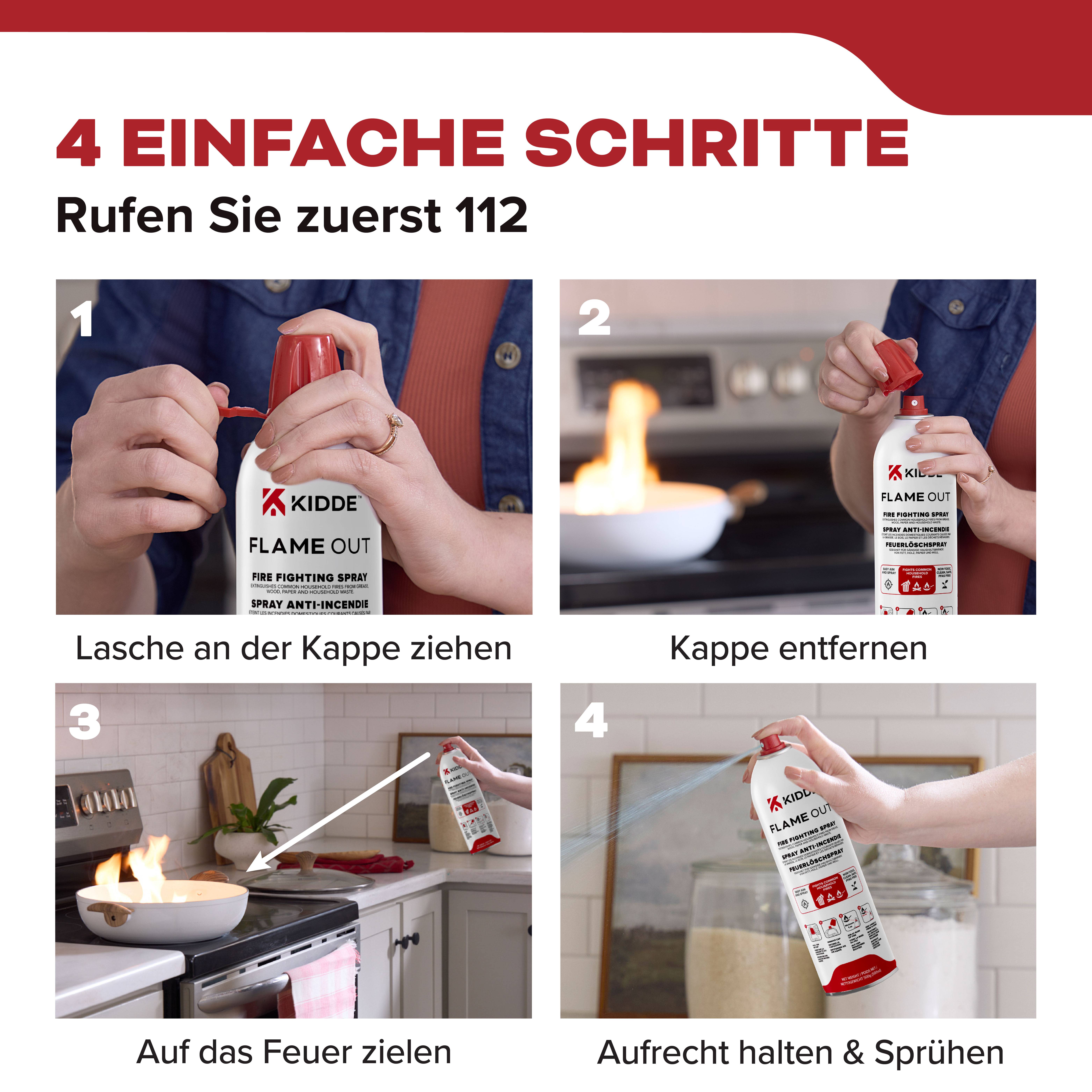 '4 einfache Schritte' Anleitung zur Verwendung eines Feuerlöschers in der Küche: 1. Lasche ziehen, 2. Kappe entfernen, 3. Auf Feuer zielen, 4. Aufrecht halten und sprühen.