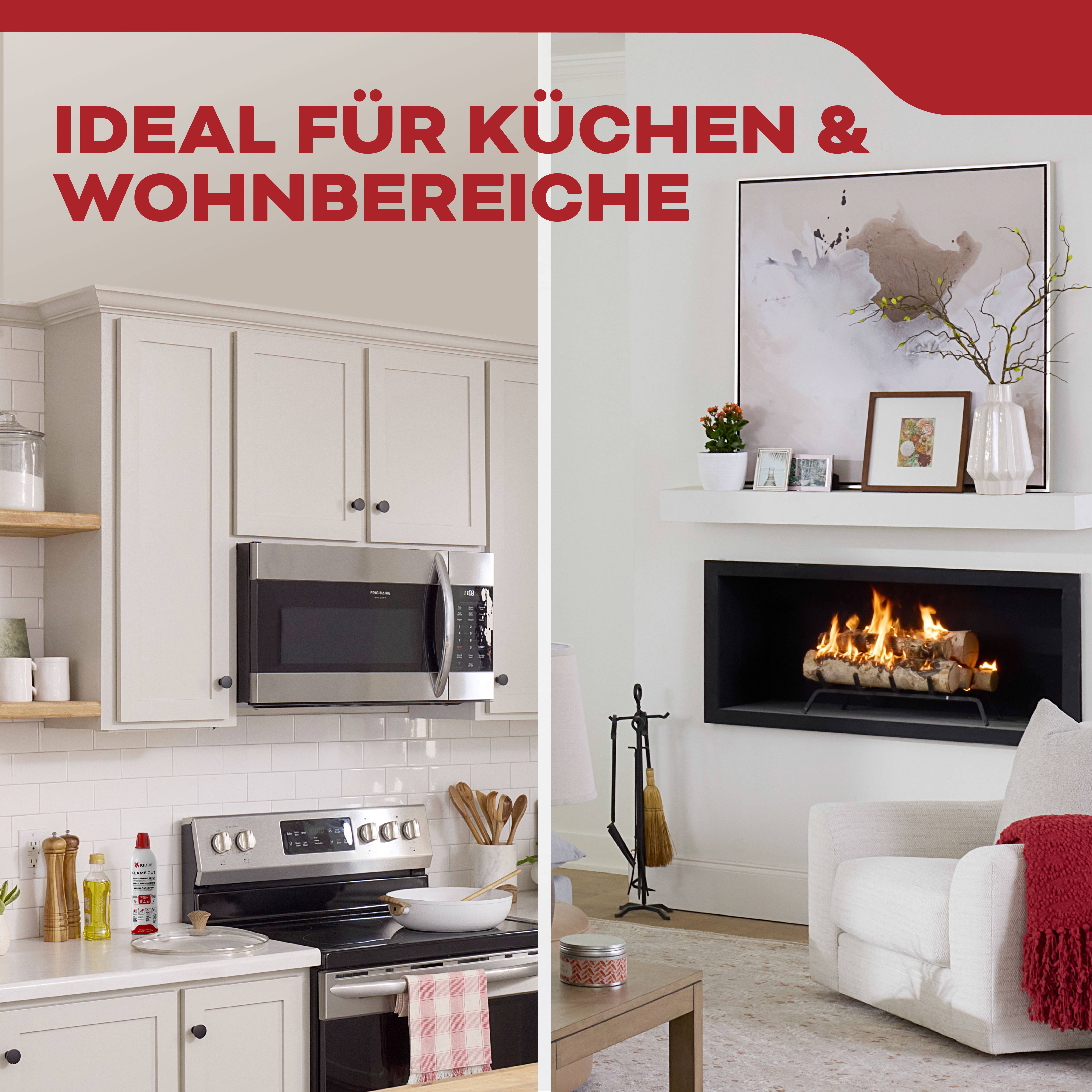 Ein geteiltes Bild von Küche und Wohnzimmer. Links: Küche mit weißen Schränken, Mikrowelle und Küchenutensilien. Rechts: Wohnzimmer mit Kamin, Kunstwerk und einem weißen Stuhl. Deutscher Text lautet: 'Ideal für Küchen & Wohnbereiche'.