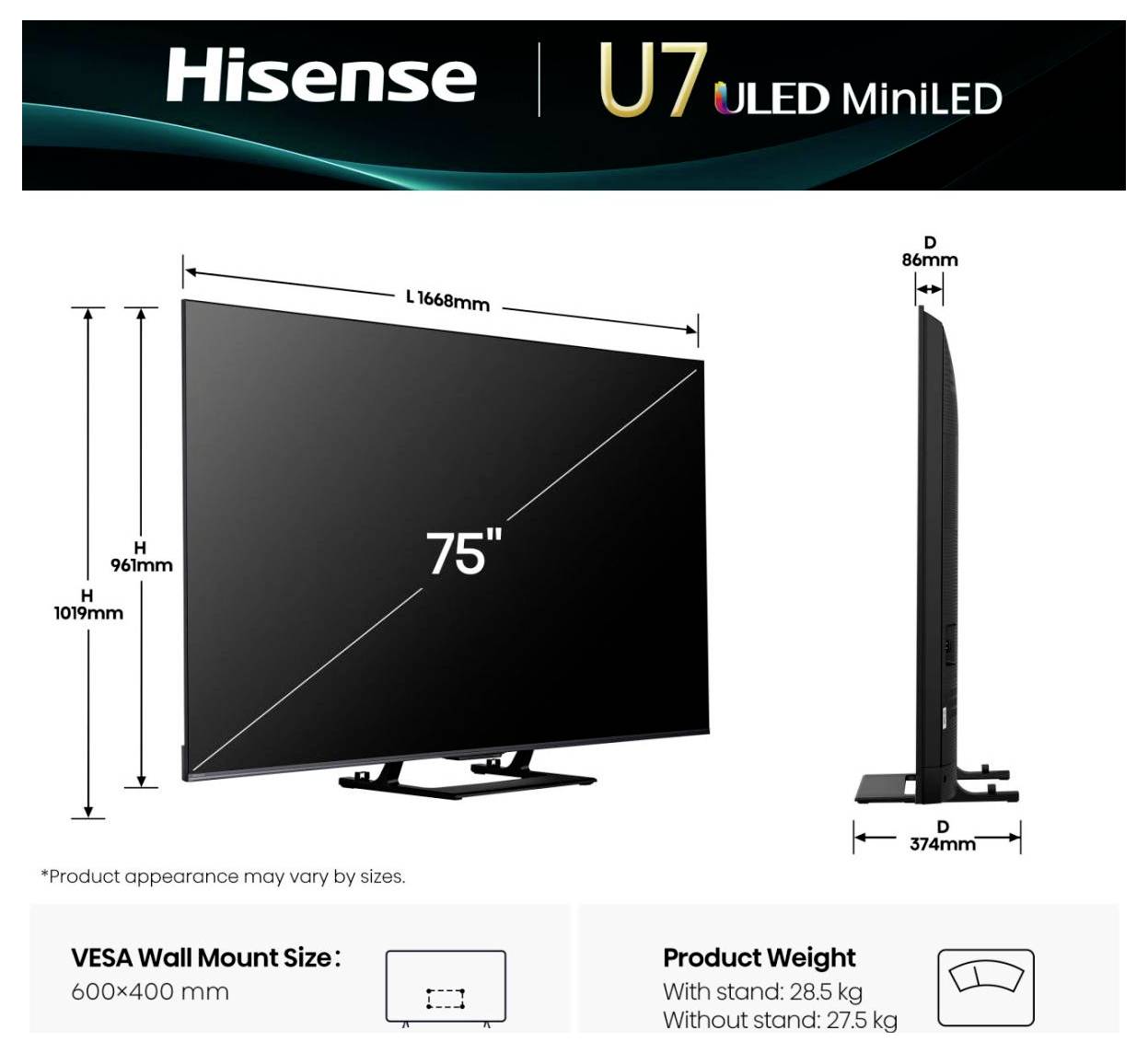 Hisense U7 ULED MiniLED TV wird mit mehreren Ansichten gezeigt. Die Hauptansicht zeigt einen 75